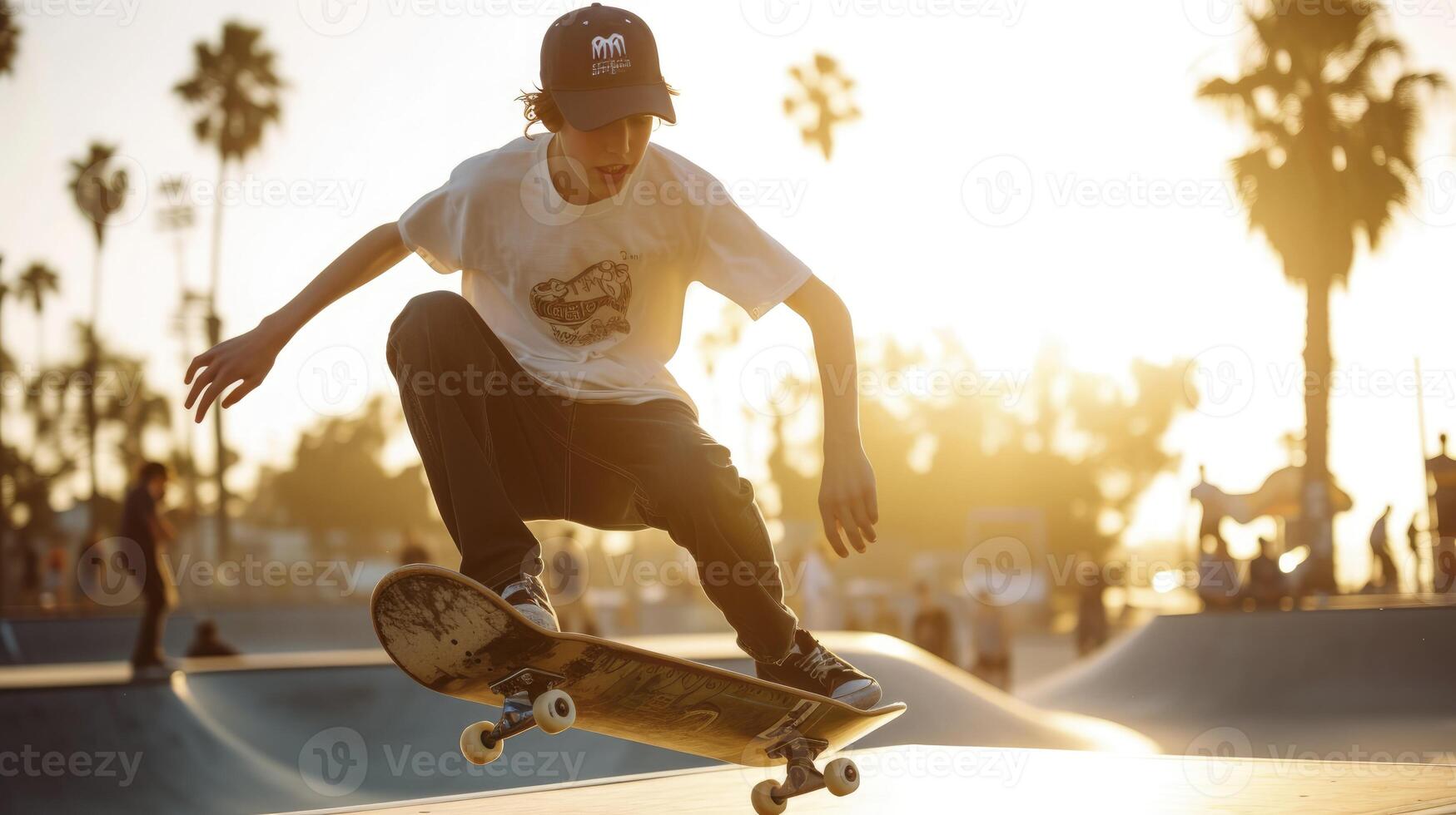 AI generated A teenage boy from North America, with a baseball cap and a skateboard, is practicing tricks in a skate park in Los Angeles photo
