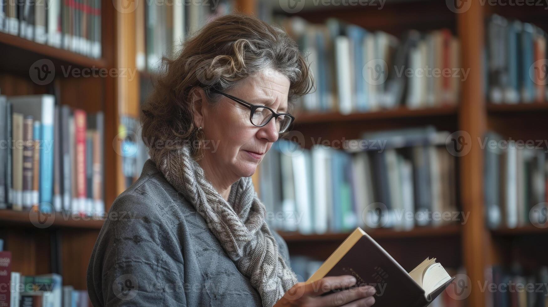 AI generated A middle-aged woman from Oceania, with a thoughtful expression and a book, is reading in a library in Wellington, New Zealand photo