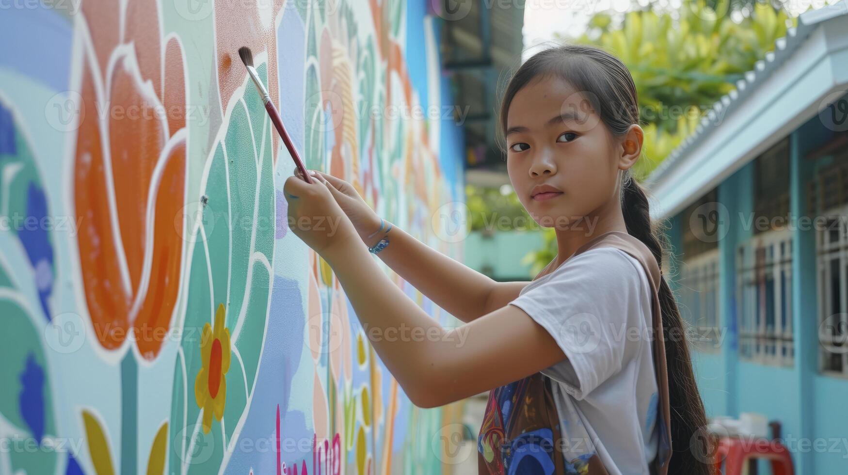 ai generado un Adolescente niña desde Sureste Asia, con un enfocado expresión y un Cepillo de pintura, es pintura un mural en un colegio en bangkok, Tailandia foto