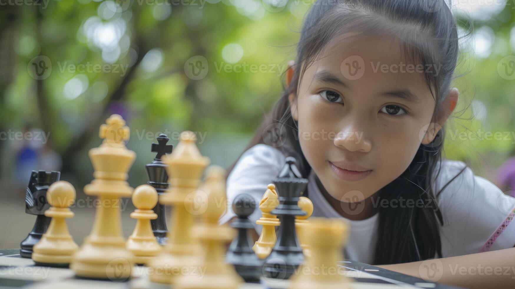 ai generado un Adolescente niña desde Sureste Asia, con un enfocado expresión y un ajedrez junta, es jugando un juego de ajedrez en un parque en Manila, Filipinas foto