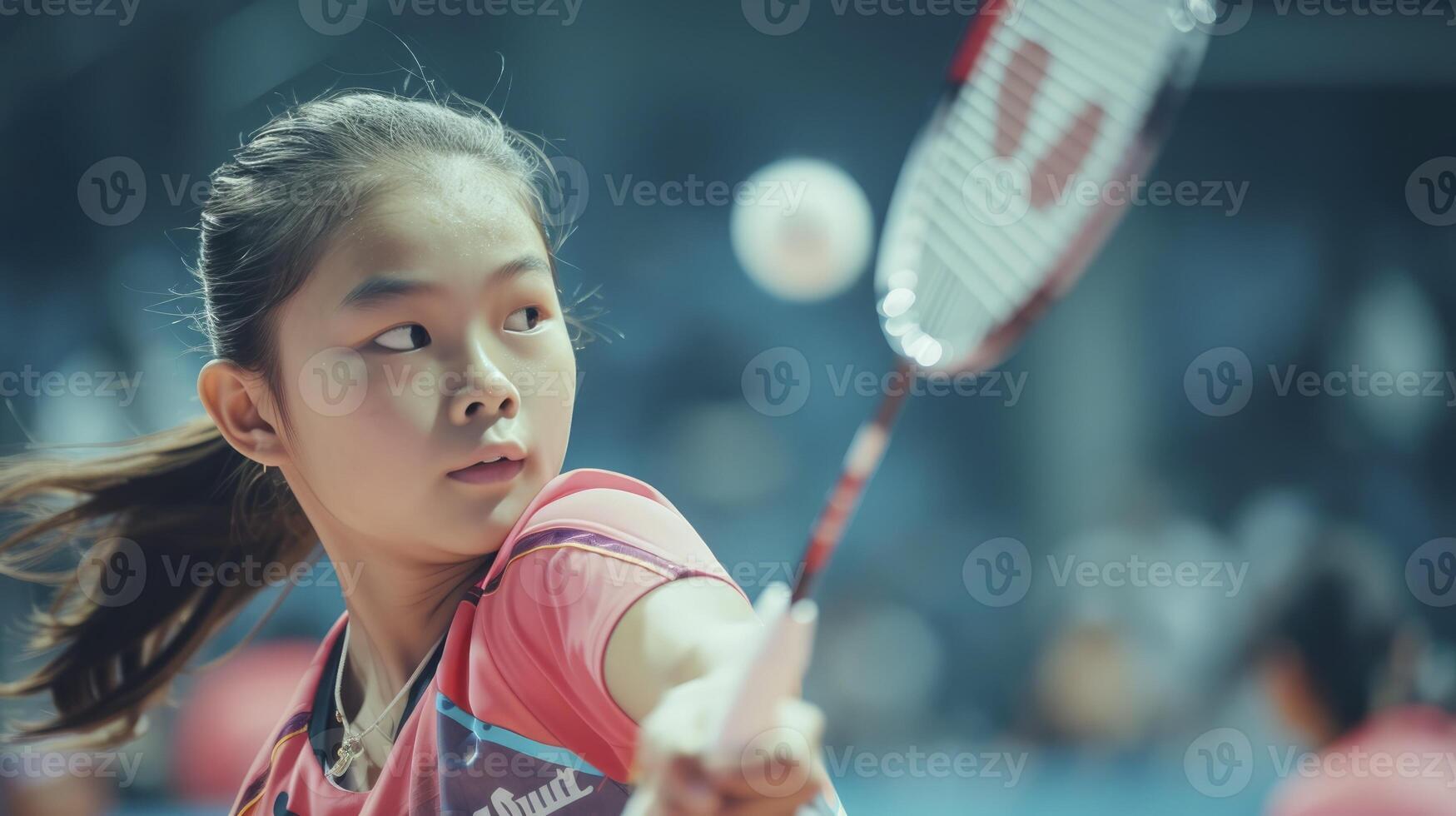 AI generated A teenage girl from Southeast Asia, with a focused expression and a badminton racket, is playing in a tournament in Jakarta, Indonesia photo