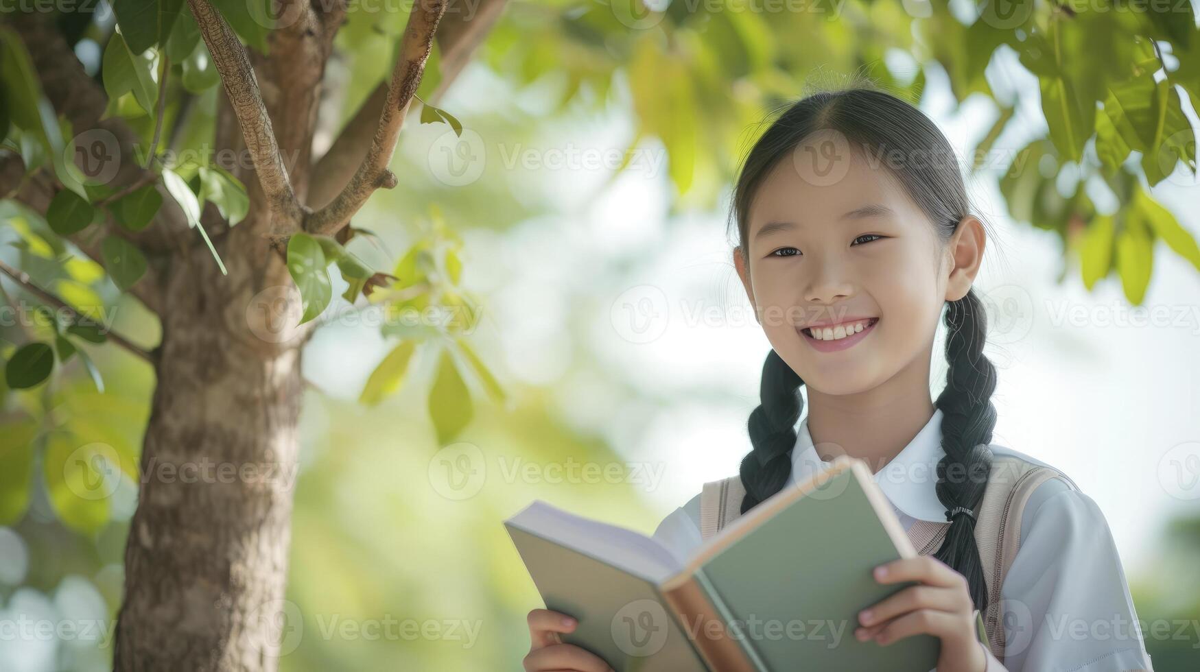 ai generado un Adolescente niña desde Sureste Asia, con un brillante sonrisa y colegio uniforme, es leyendo un libro debajo un árbol en Vietnam, foto