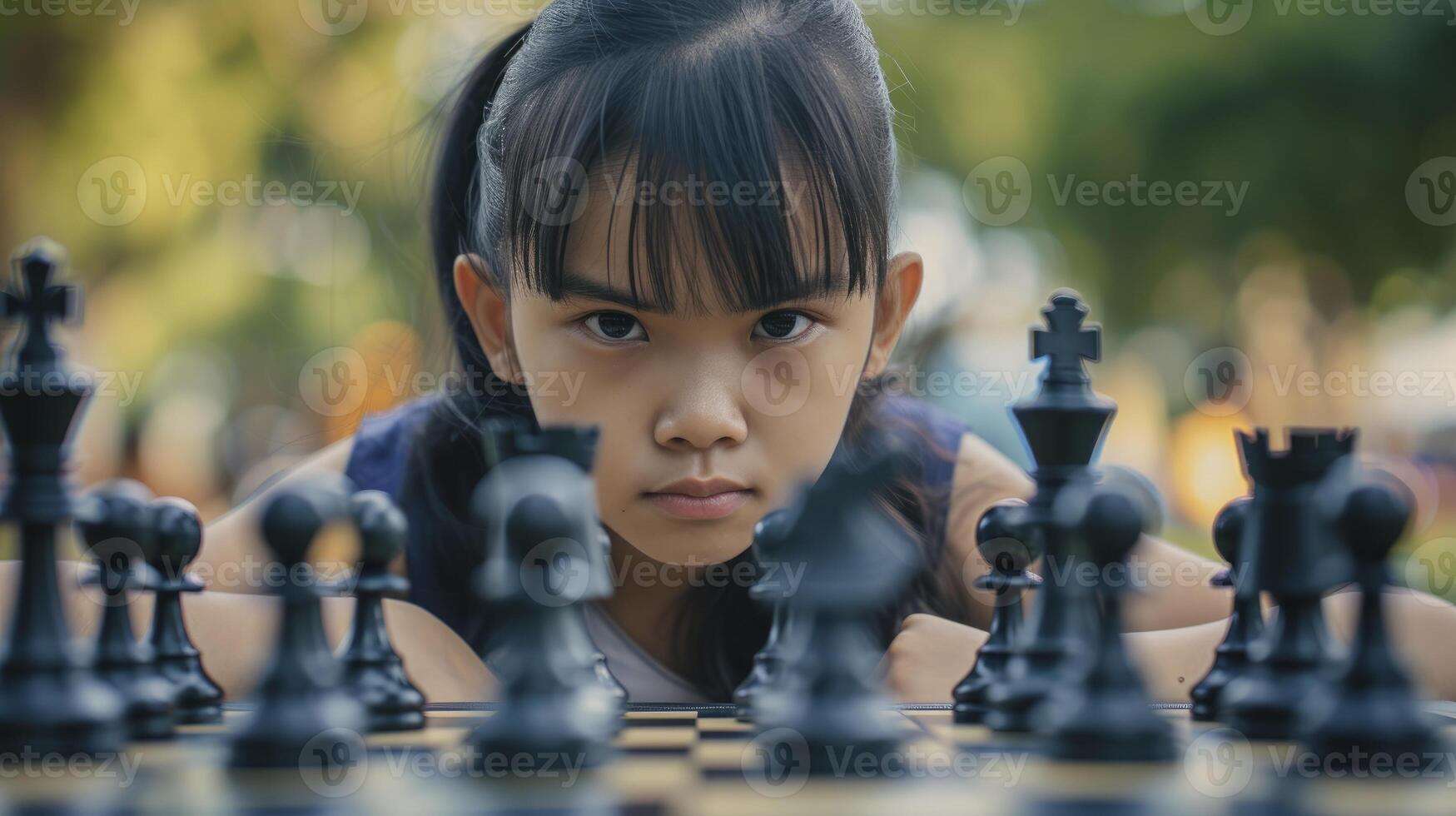 AI generated A teenage girl from Southeast Asia, with a focused expression and a chess board, is playing a game of chess in a park in Manila, Philippines photo
