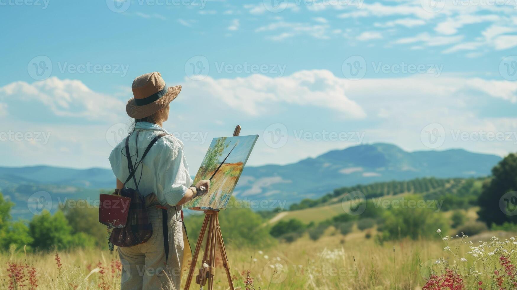 AI generated A middle-aged woman from Western Europe, with a beret and a paintbrush, is painting a landscape in a field in Provence, France photo