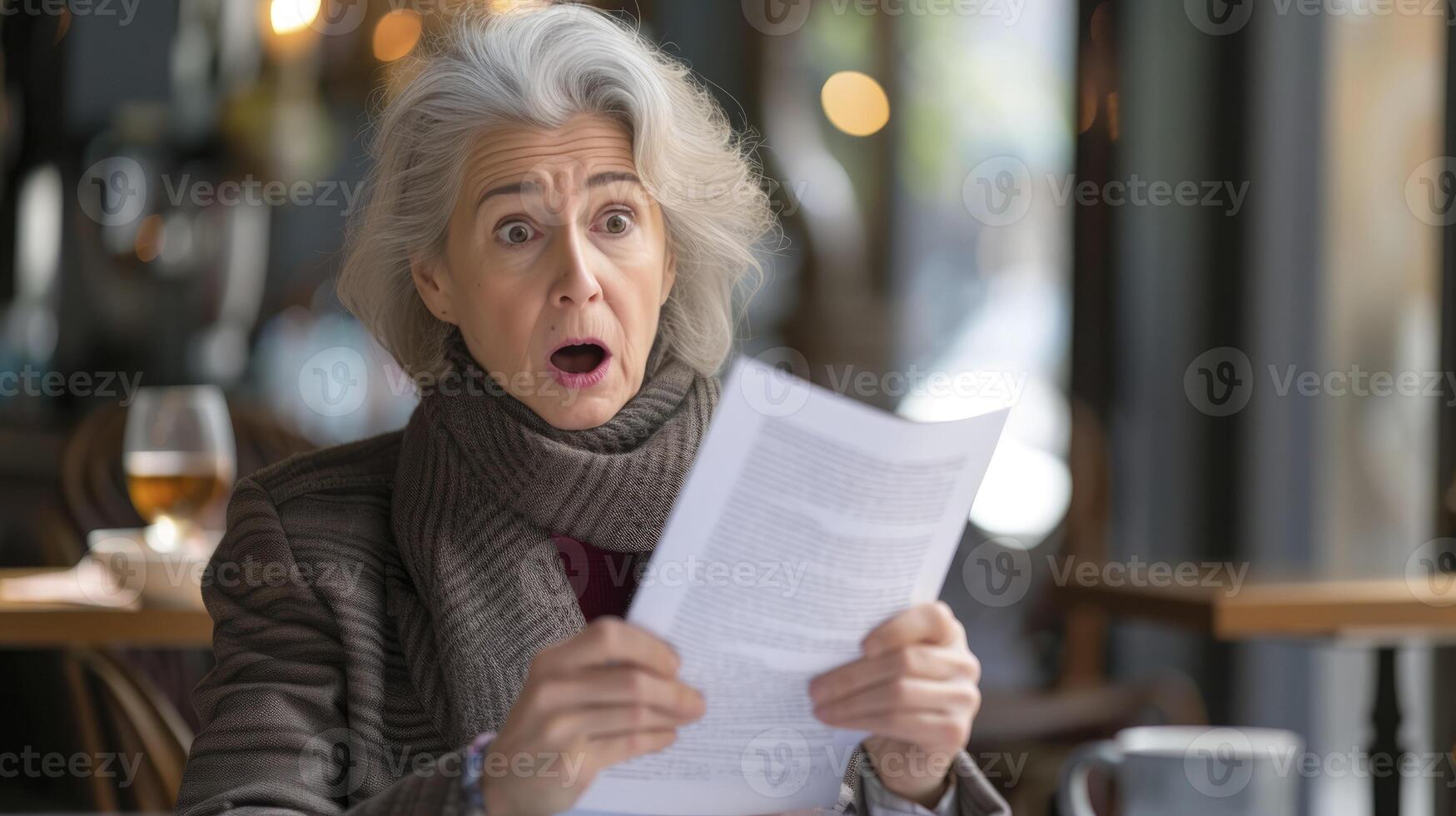AI generated A middle aged woman from Western Europe, with a surprised expression and a letter in her hand, is reading good news in a cafe in Paris photo