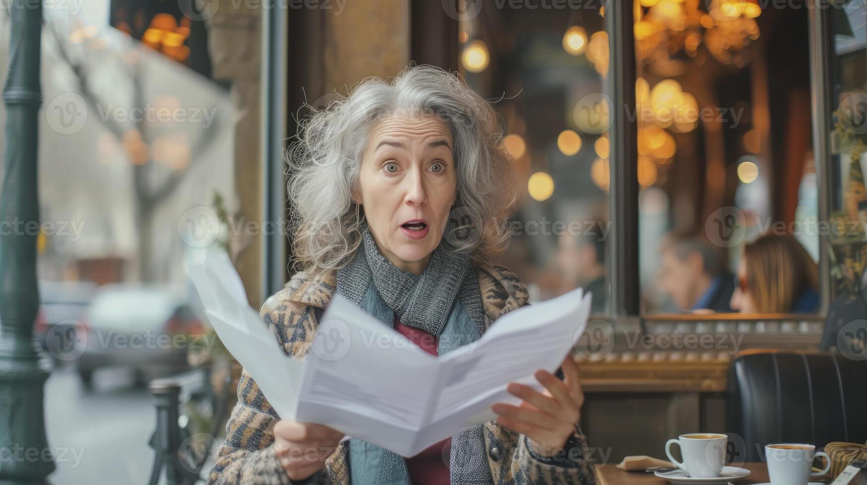 AI generated A middle aged woman from Western Europe, with a surprised expression and a letter in her hand, is reading good news in a cafe in Paris photo