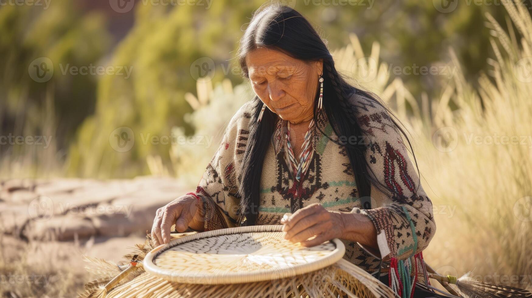 AI generated A Native American woman in her 40s, with long black hair and traditional clothing, is weaving a basket in Arizona photo