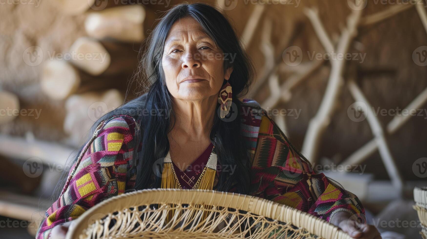 AI generated A Native American woman in her 40s, with long black hair and traditional clothing, is weaving a basket in Arizona photo