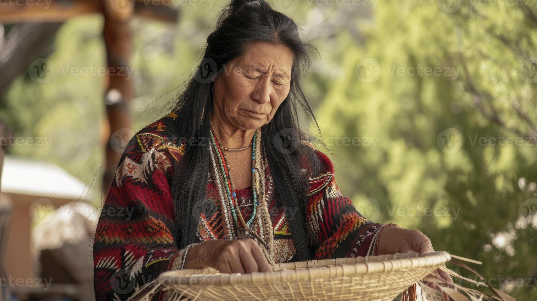 AI generated A Native American woman in her 40s, with long black hair and traditional clothing, is weaving a basket in Arizona photo