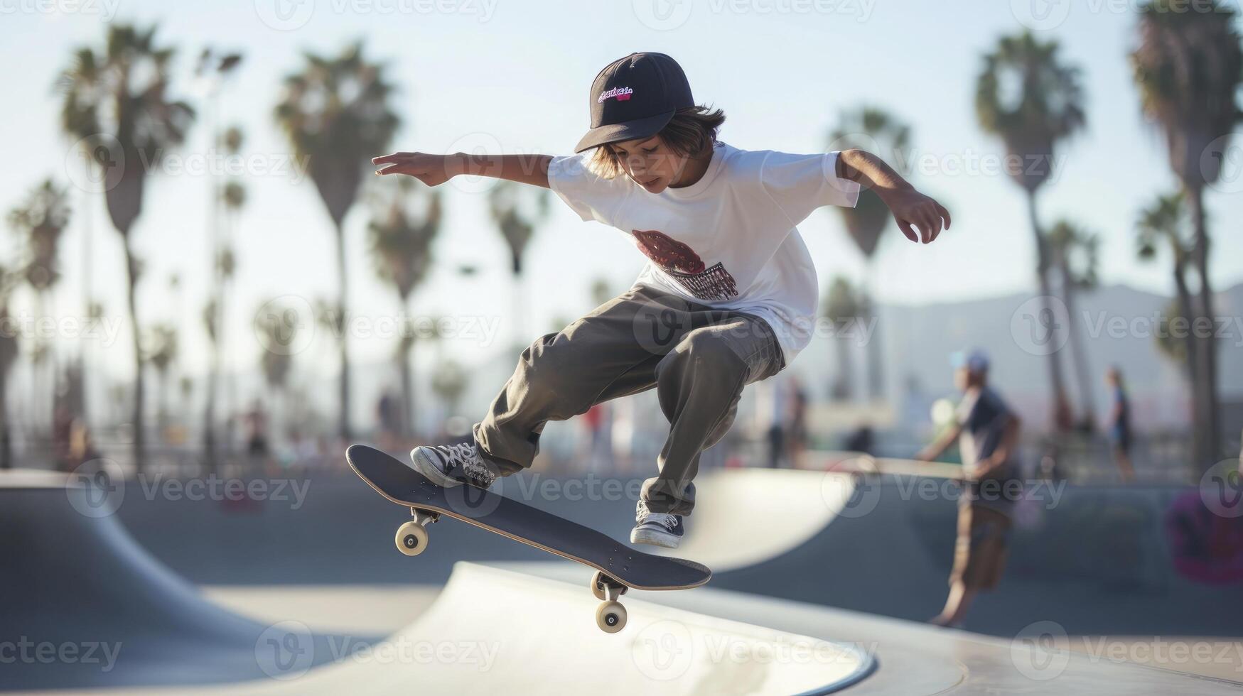AI generated A teenage boy from North America, with a baseball cap and a skateboard, is practicing tricks in a skate park in Los Angeles photo