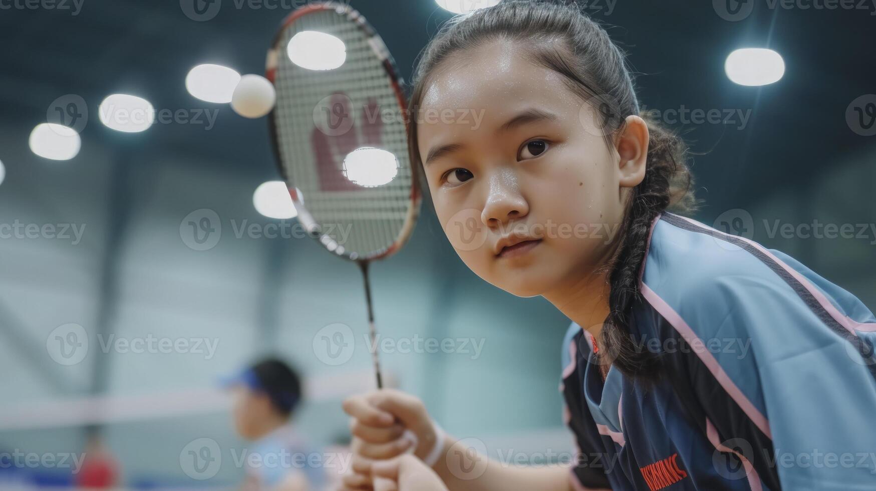 AI generated A teenage girl from Southeast Asia, with a focused expression and a badminton racket, is playing in a tournament in Jakarta, Indonesia photo