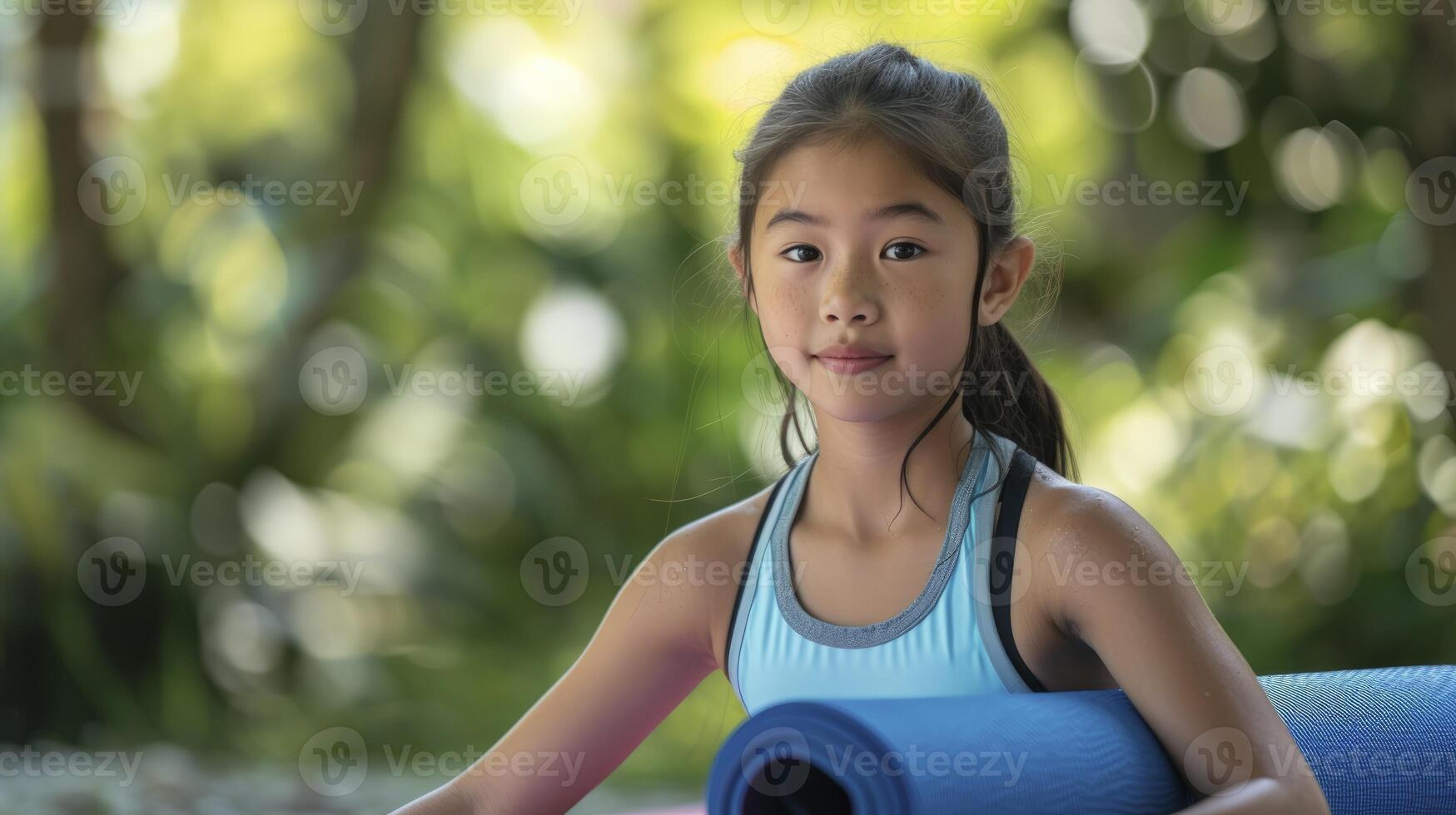 ai generado un Adolescente niña desde Sureste Asia, con un enfocado expresión y un yoga estera, es practicando yoga en un parque en bali, Indonesia foto