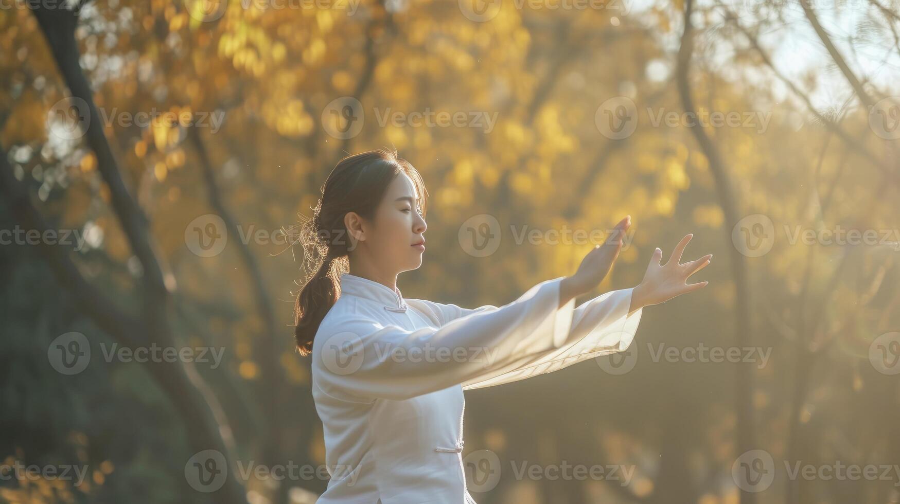 AI generated A young East Asian woman is practicing Tai Chi in a peaceful park in Beijing photo