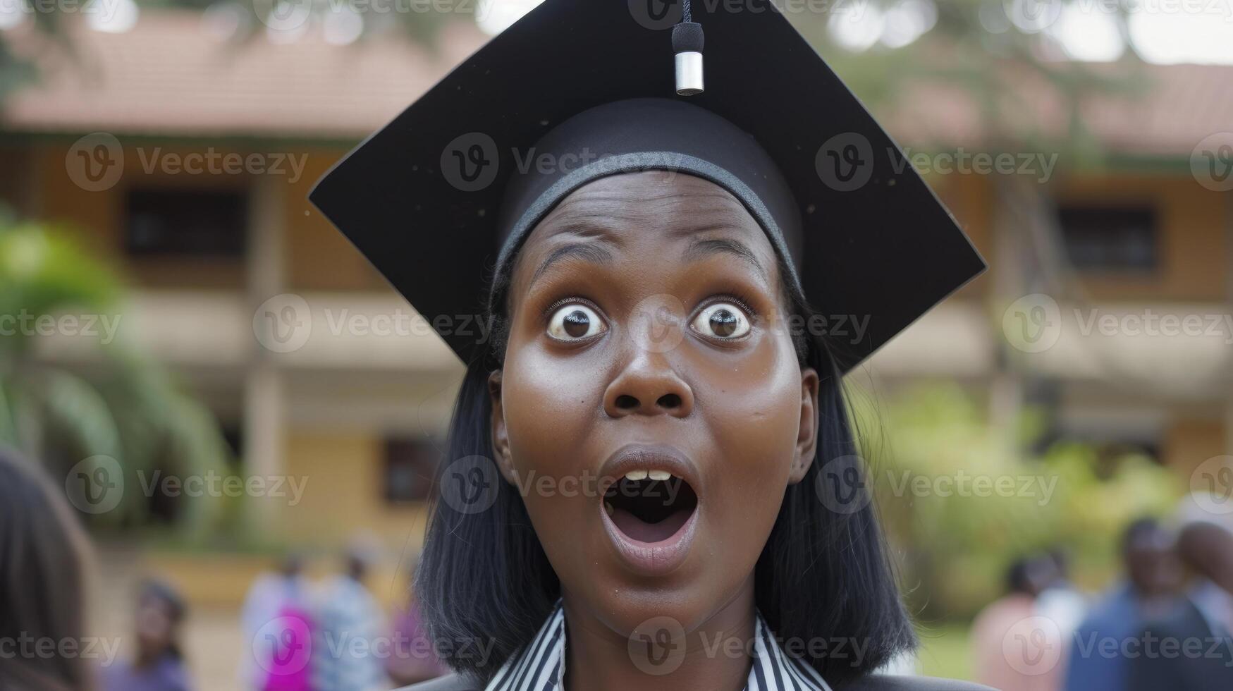 ai generado un joven africano mujer, con un Mira de sorpresa y un graduación gorra, es celebrando su graduación en un Universidad en Nairobi, Kenia foto