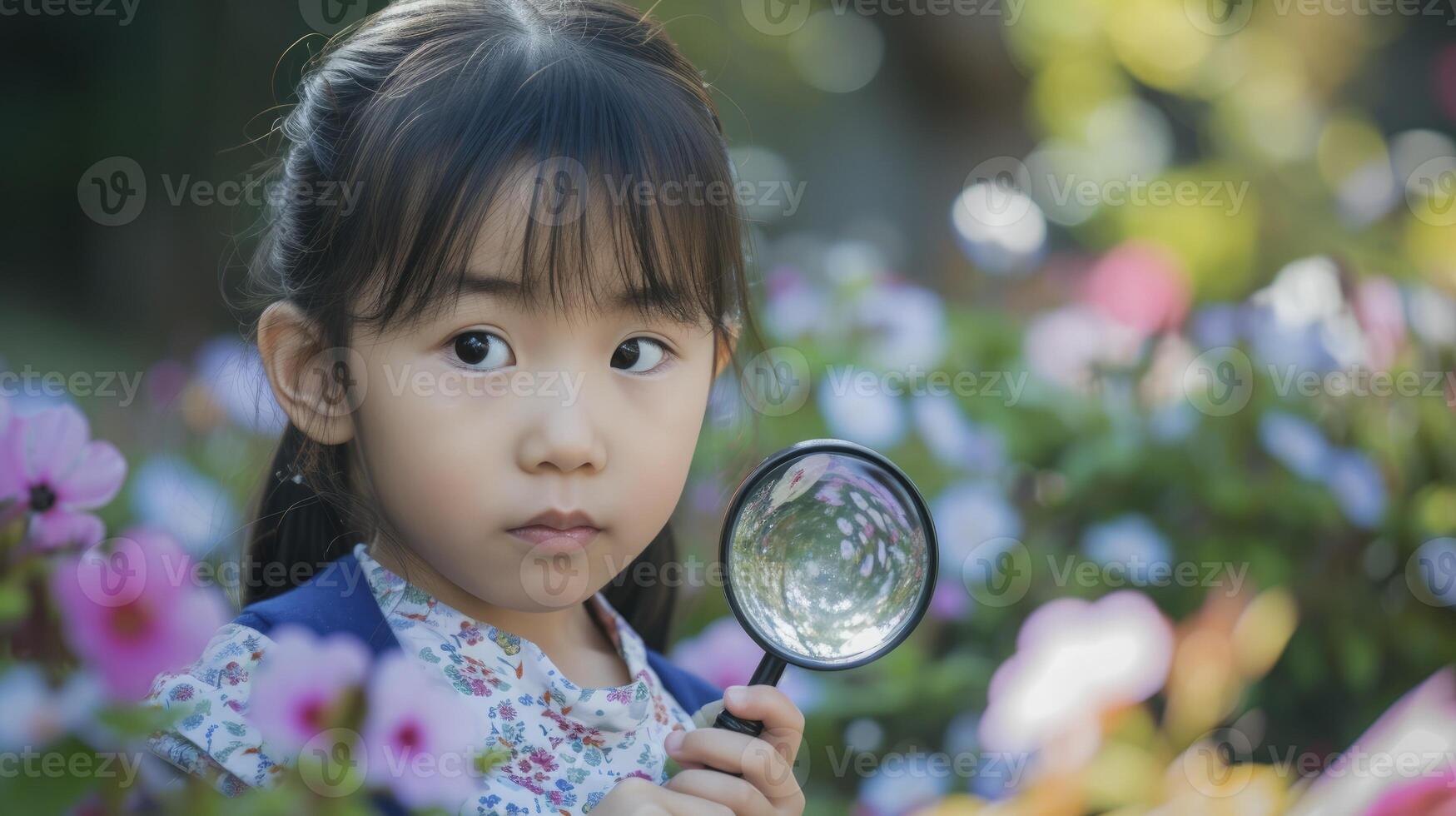 AI generated A young girl from East Asia, with a curious expression and a magnifying glass, is exploring a garden in Kyoto, Japan photo