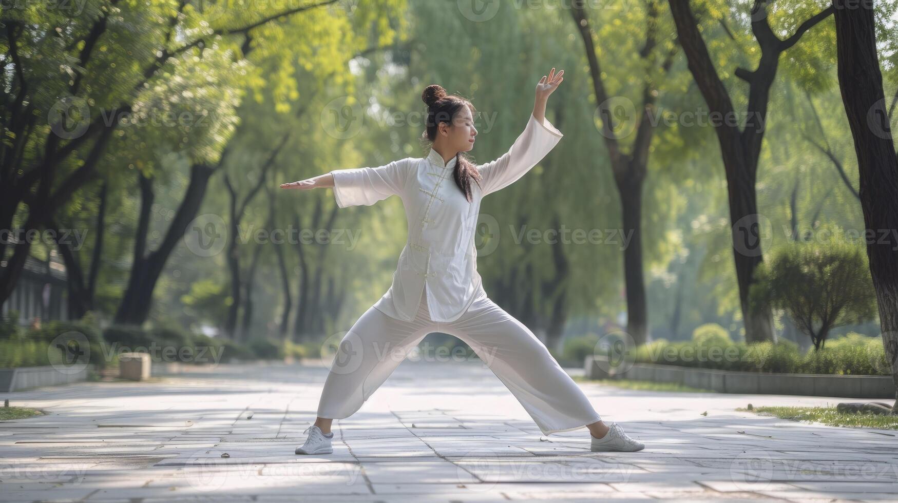 AI generated A young East Asian woman is practicing Tai Chi in a peaceful park in Beijing photo