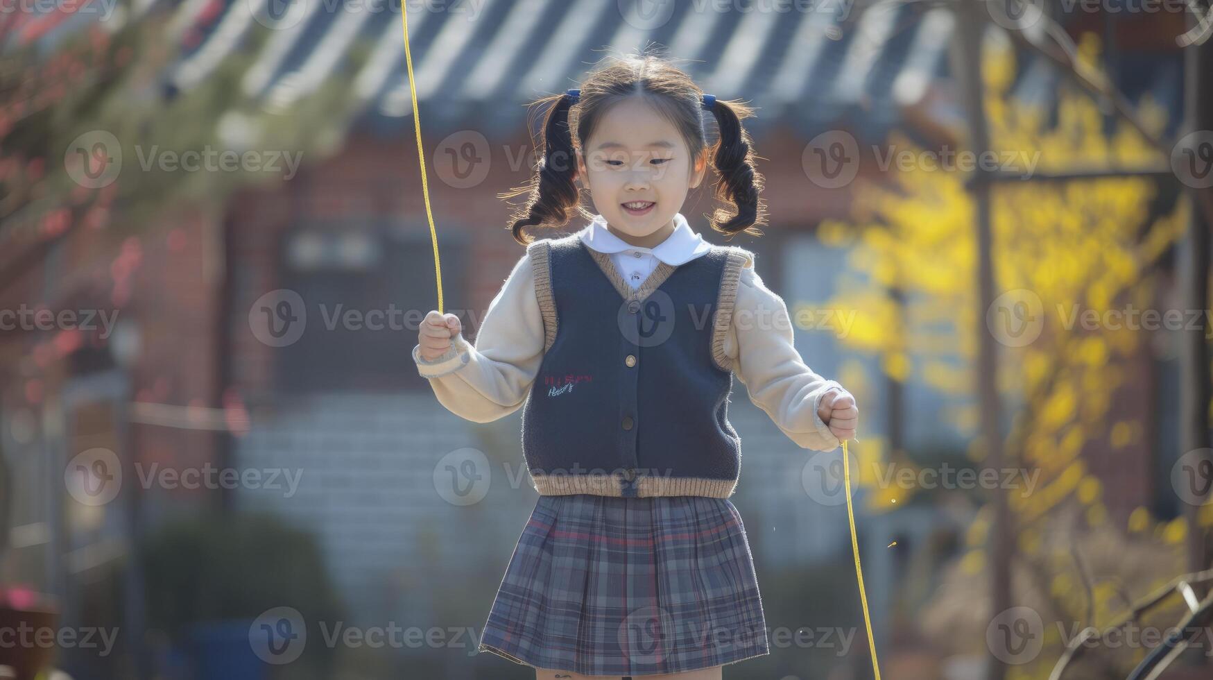 AI generated A young girl from East Asia, with pigtails and a school uniform, is playing with a jump rope in a schoolyard in Seoul, South Korea photo