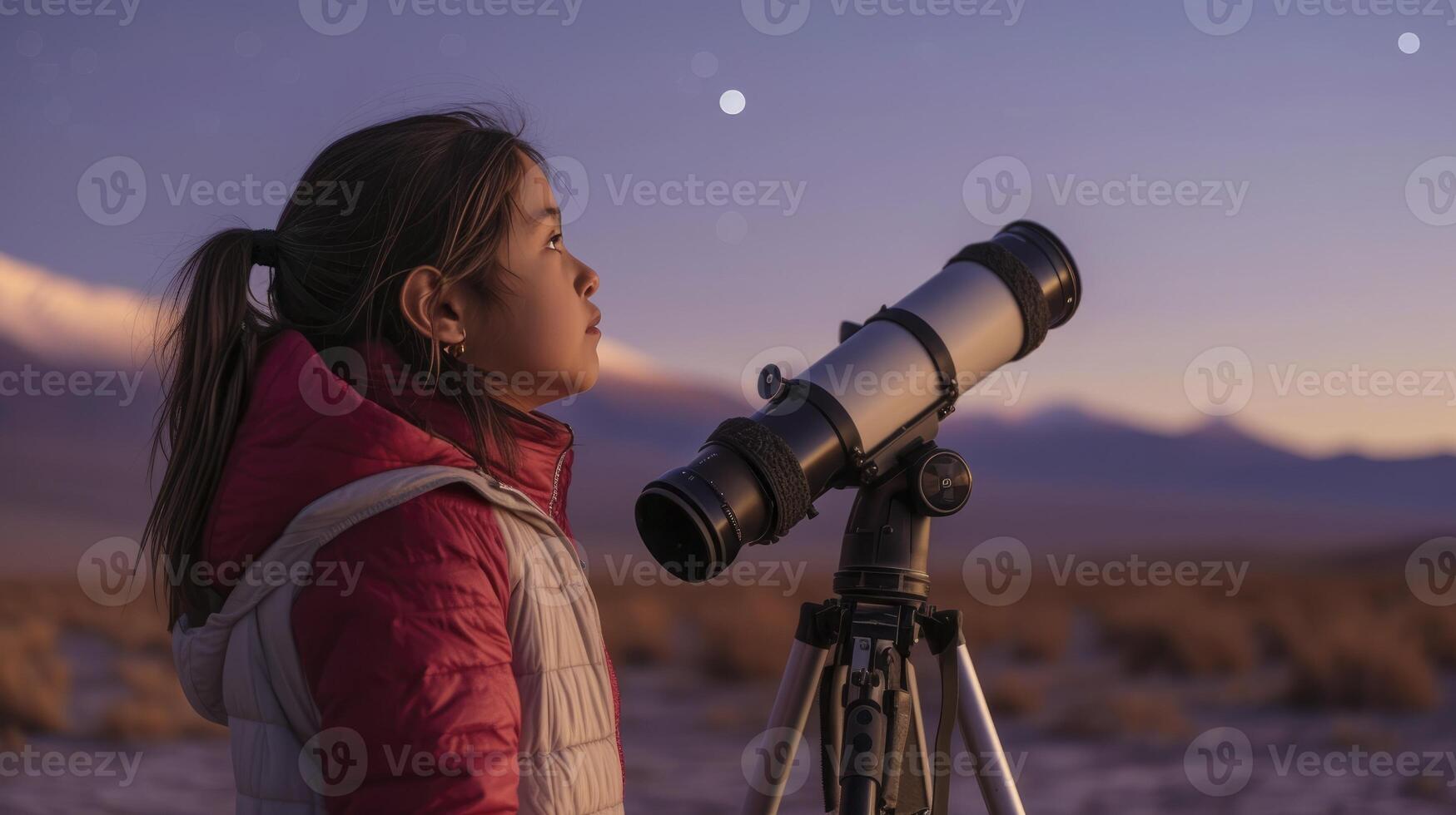 AI generated A young girl from South America, with a curious expression and a telescope, is stargazing in the Atacama Desert in Chile photo