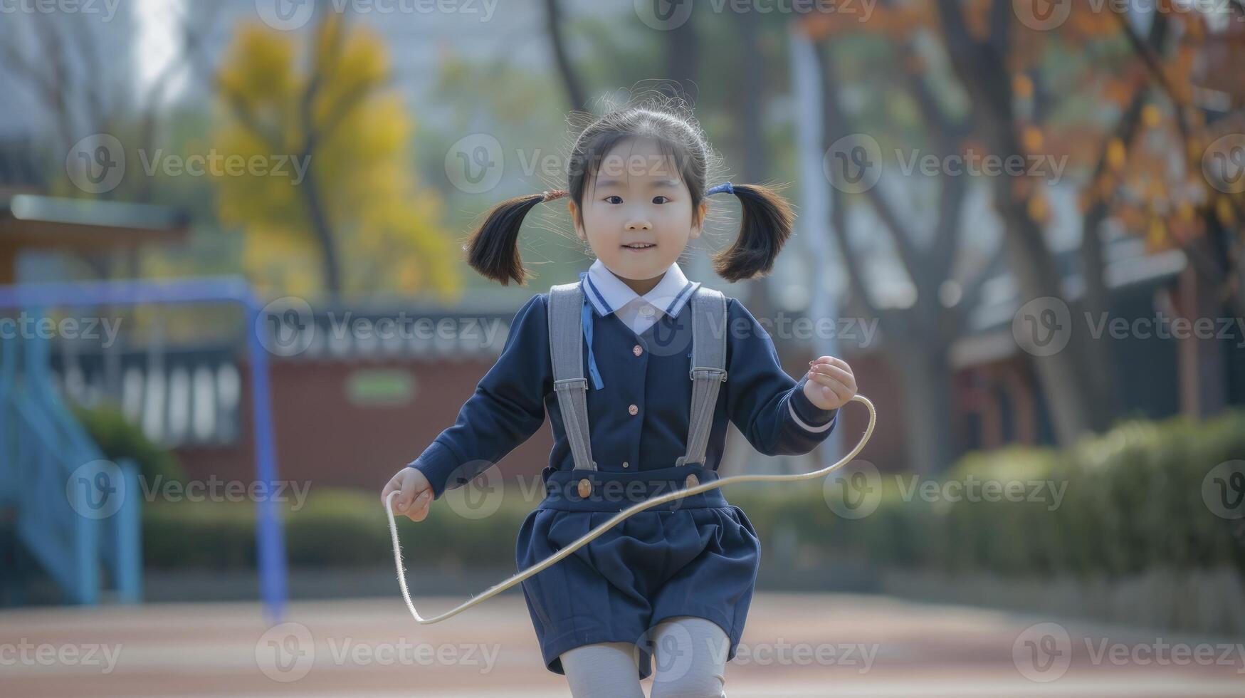 AI generated A young girl from East Asia, with pigtails and a school uniform, is playing with a jump rope in a schoolyard in Seoul, South Korea photo