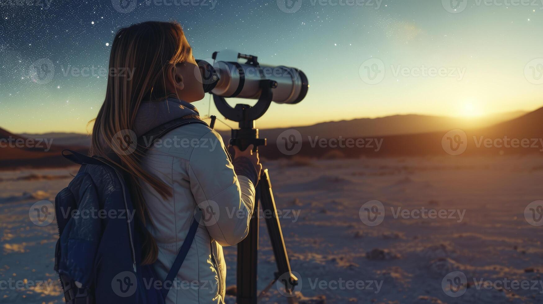 AI generated A young girl from South America, with a curious expression and a telescope, is stargazing in the Atacama Desert in Chile photo