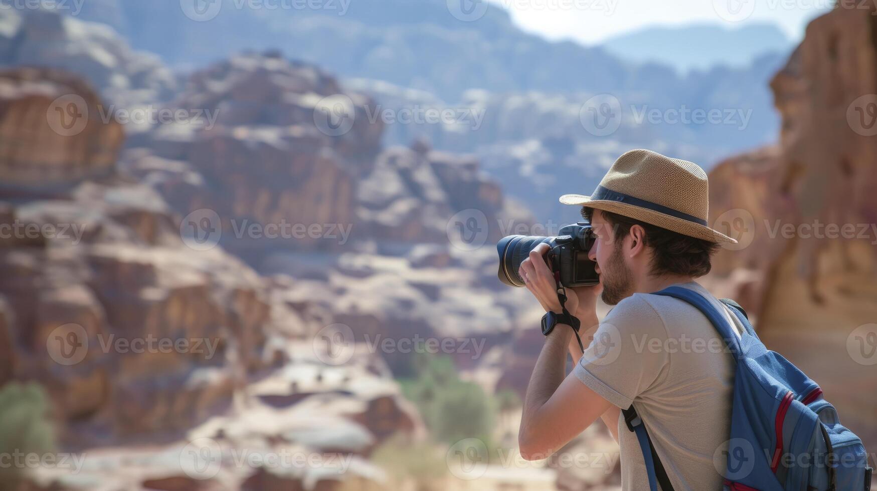 AI generated A young man from the Middle East, with a proud expression and a camera, is taking photos of the landscape in Petra, Jordan