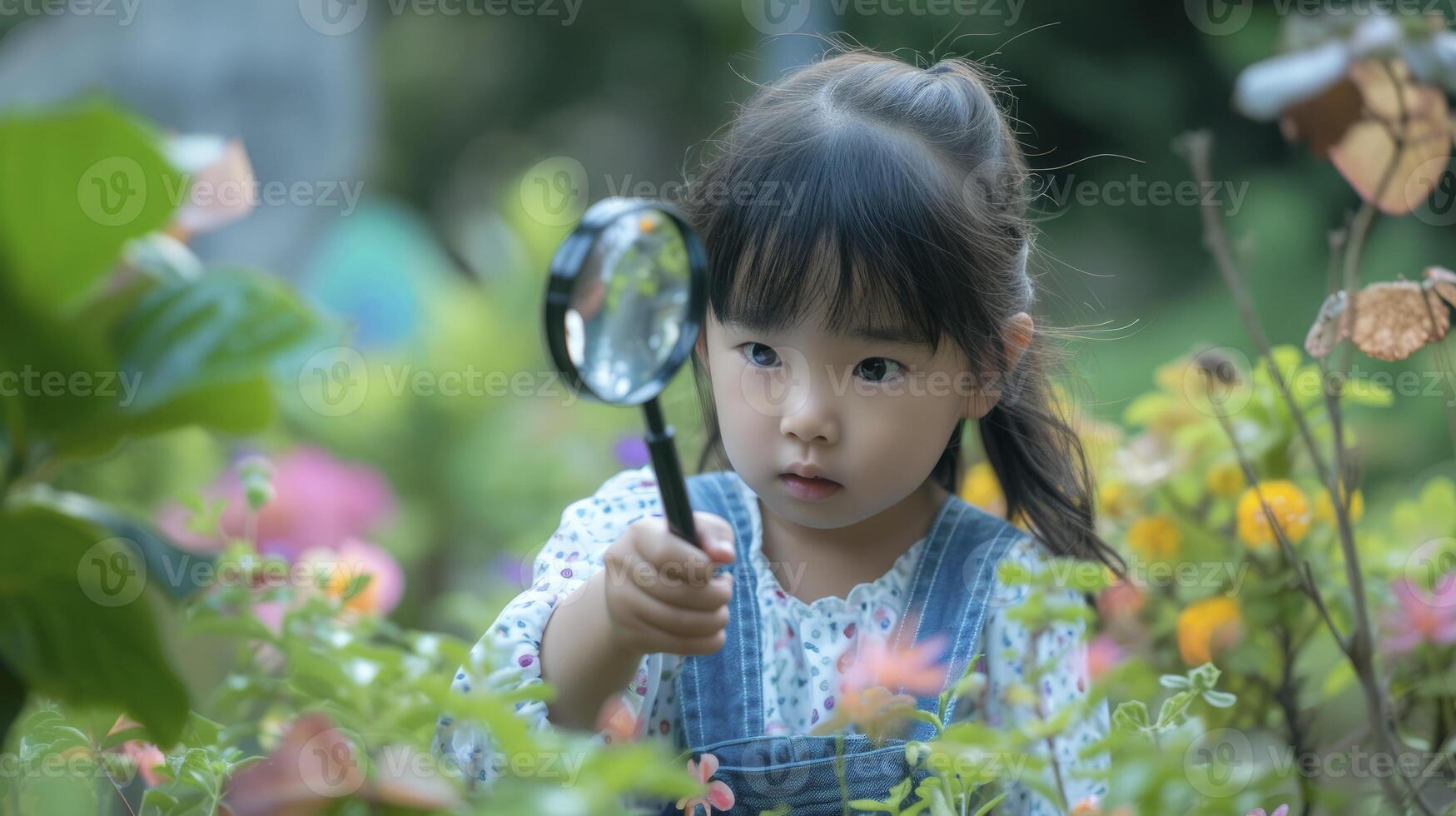 ai generado un joven niña desde este Asia, con un curioso expresión y un aumentador vaso, es explorador un jardín en kioto, Japón foto