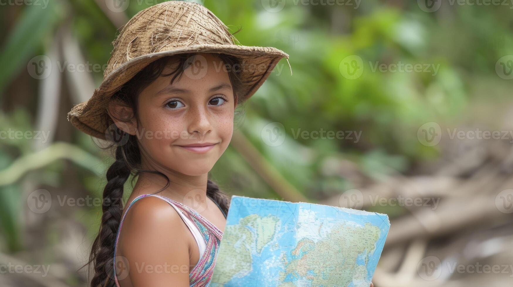 AI generated A young girl from South America, with a curious expression and a map, is exploring the Amazon rainforest in Brazil photo