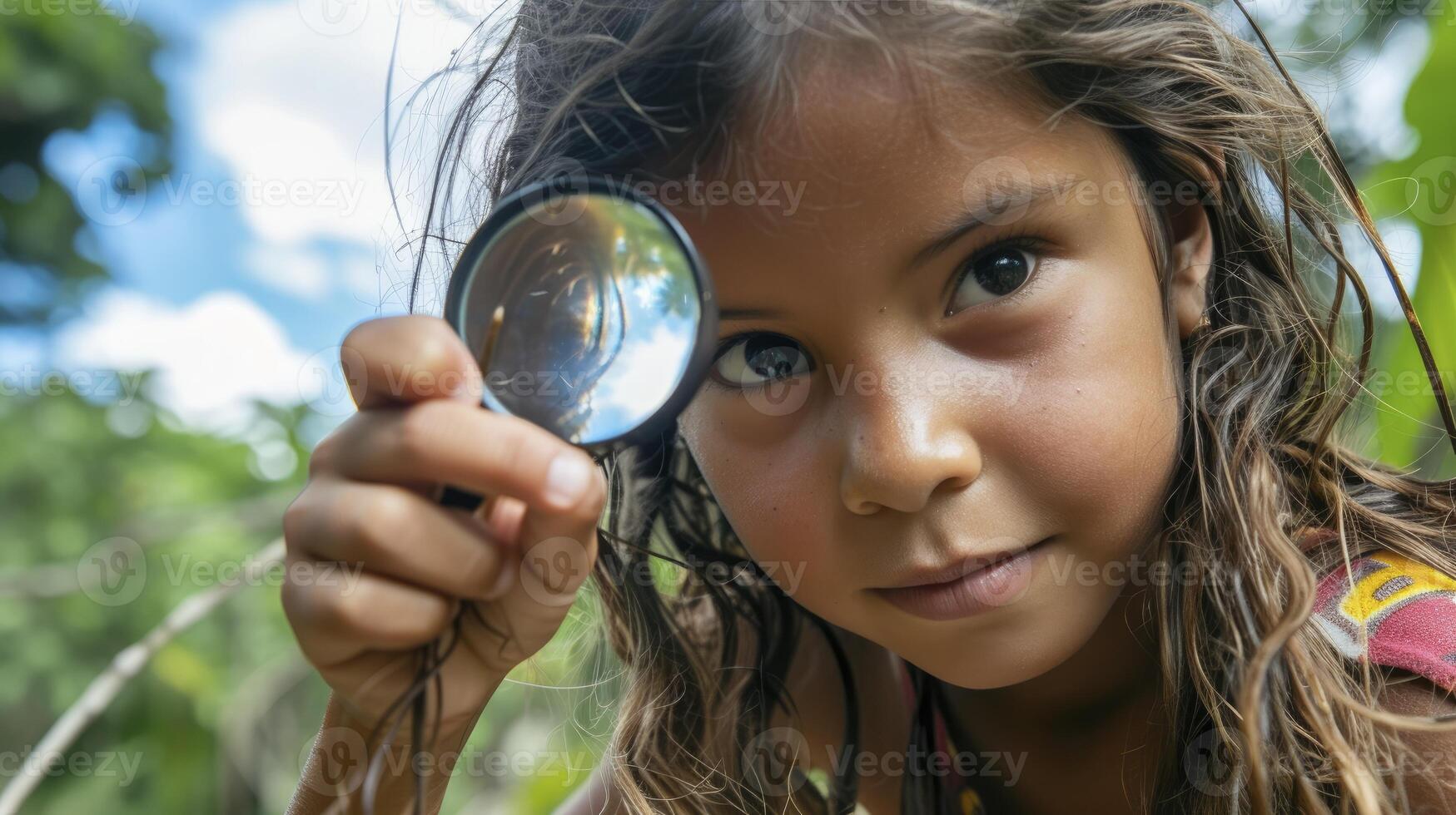 AI generated A young girl from South America, with a curious expression and a magnifying glass, is studying insects in the Amazon rainforest in Brazil photo