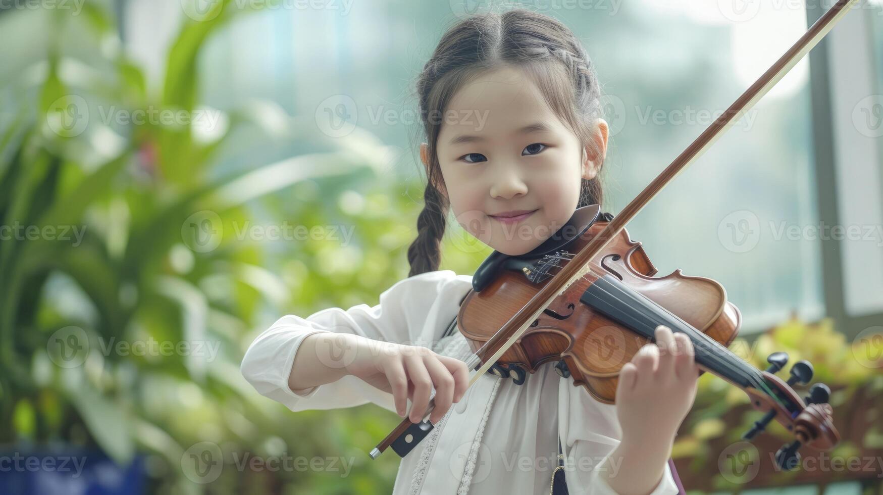 AI generated A young girl from East Asia, with a determined expression and a violin, is practicing for a music competition in a conservatory in Shanghai, China photo