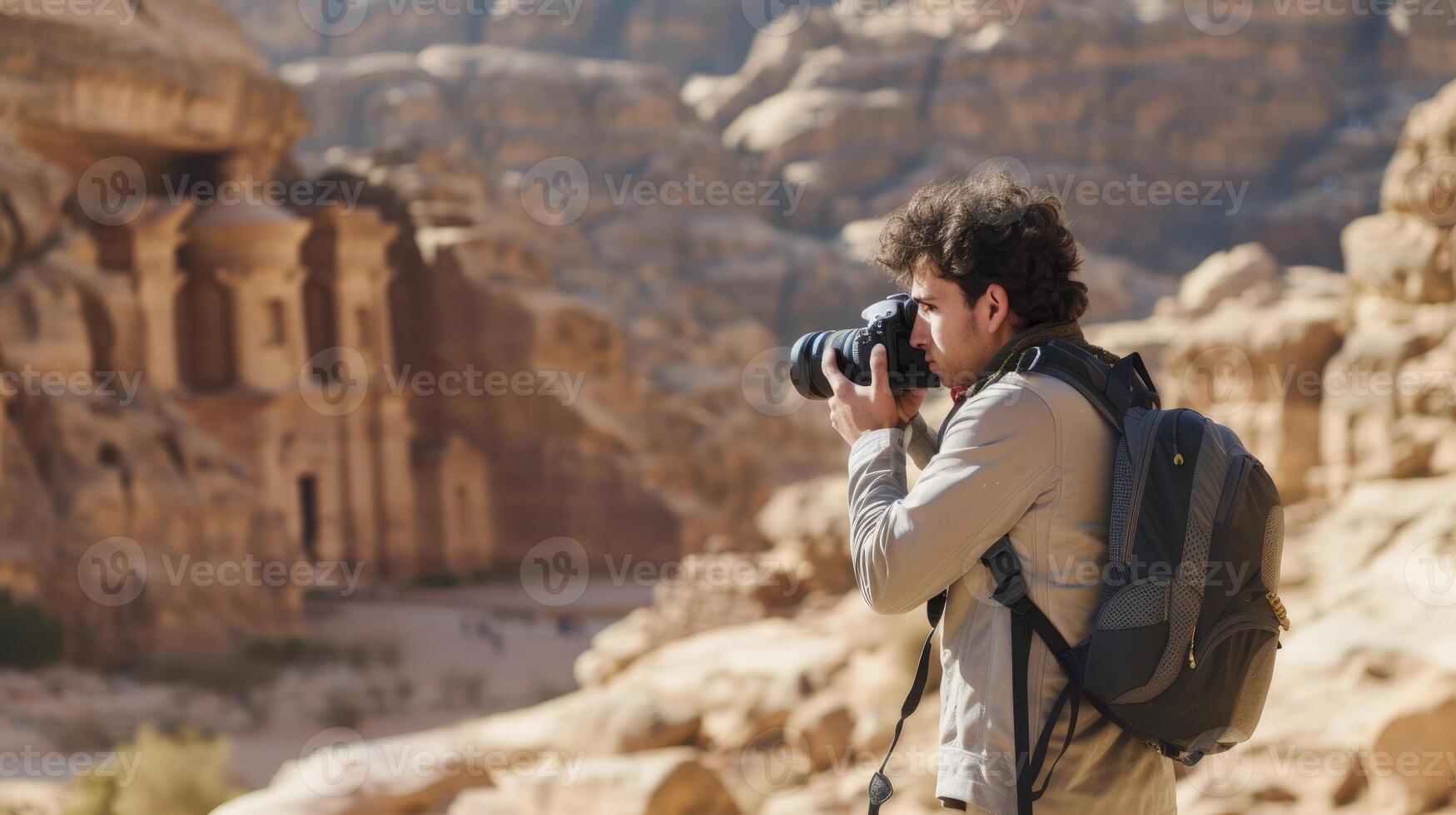 AI generated A young man from the Middle East, with a proud expression and a camera, is taking photos of the landscape in Petra, Jordan