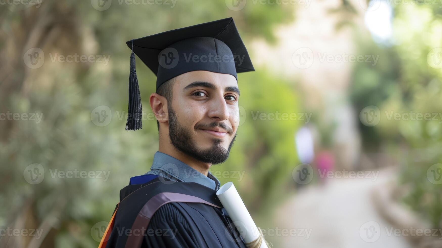 ai generado un joven hombre desde el medio este, con un orgulloso expresión y un diploma, es graduarse desde Universidad en ammán, Jordán foto