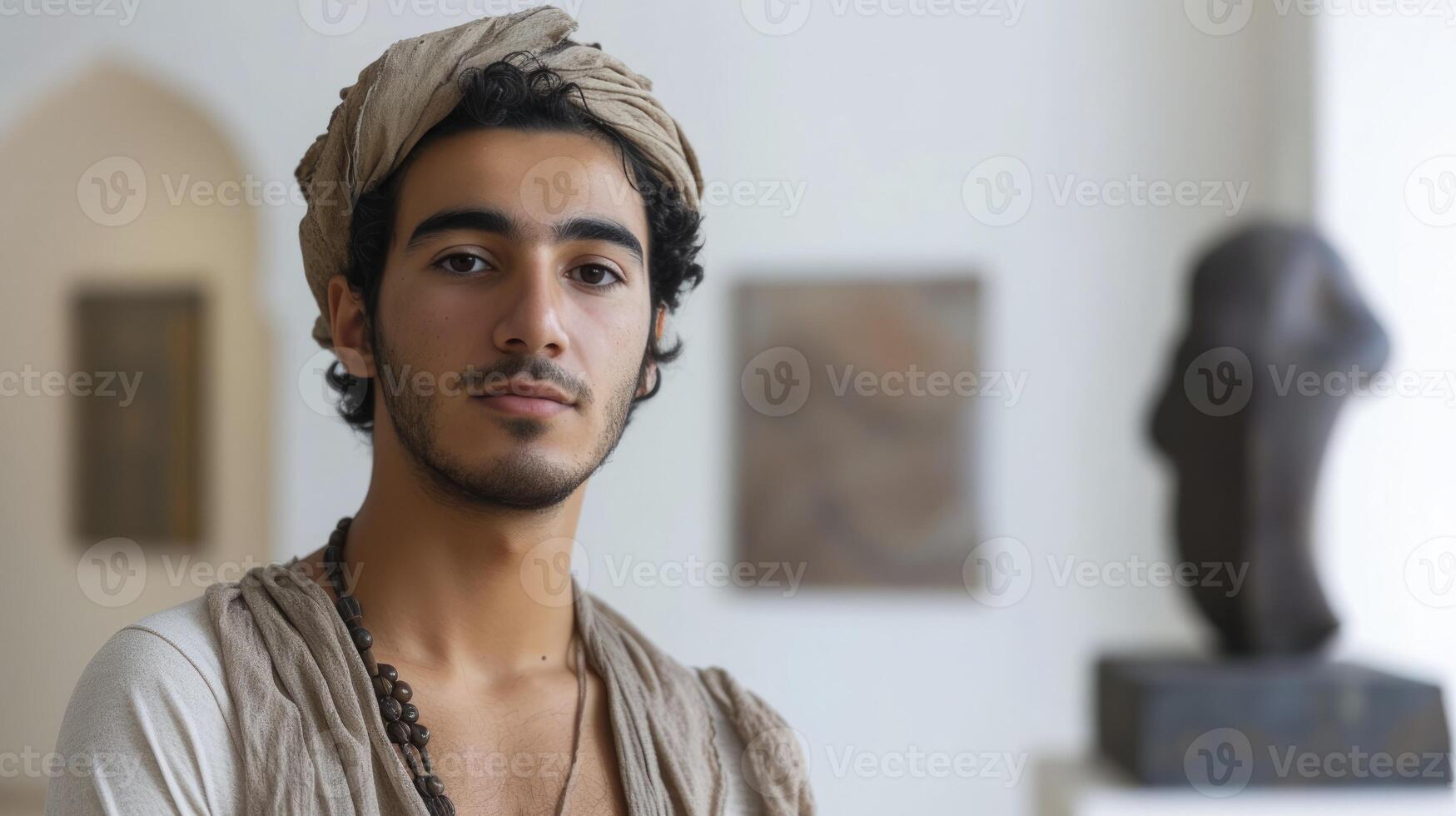 AI generated A young man from the Middle East, with a proud expression and a piece of sculpture, is showcasing his work in an art gallery in Dubai, UAE photo