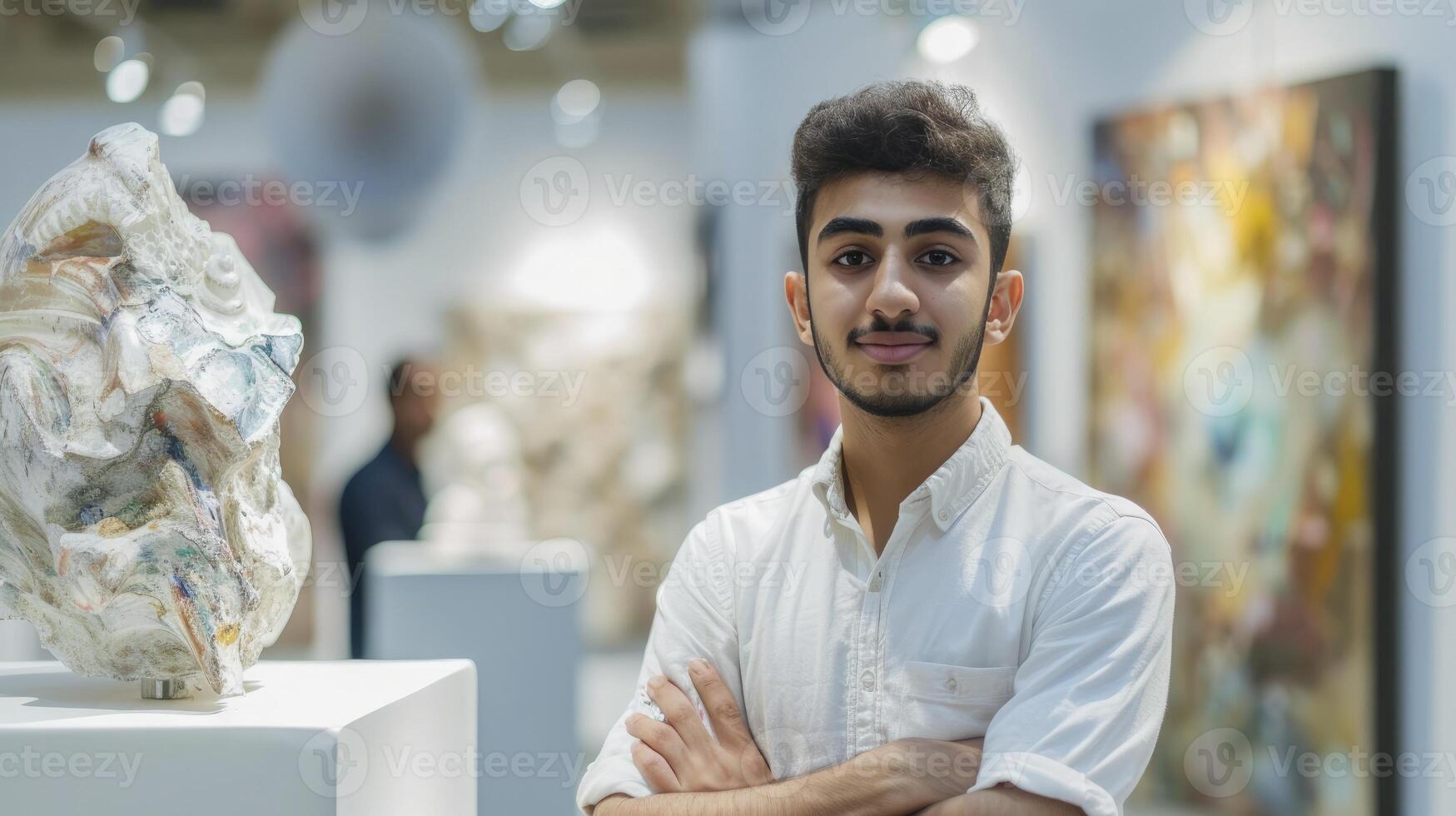 AI generated A young man from the Middle East, with a proud expression and a piece of sculpture, is showcasing his work in an art gallery in Dubai, UAE photo