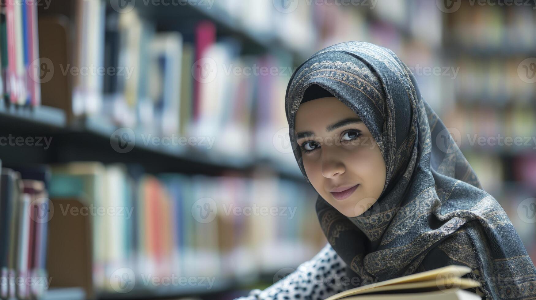 AI generated A young Middle Eastern girl with dark brown eyes and a hijab is studying in a library in Istanbul, photo