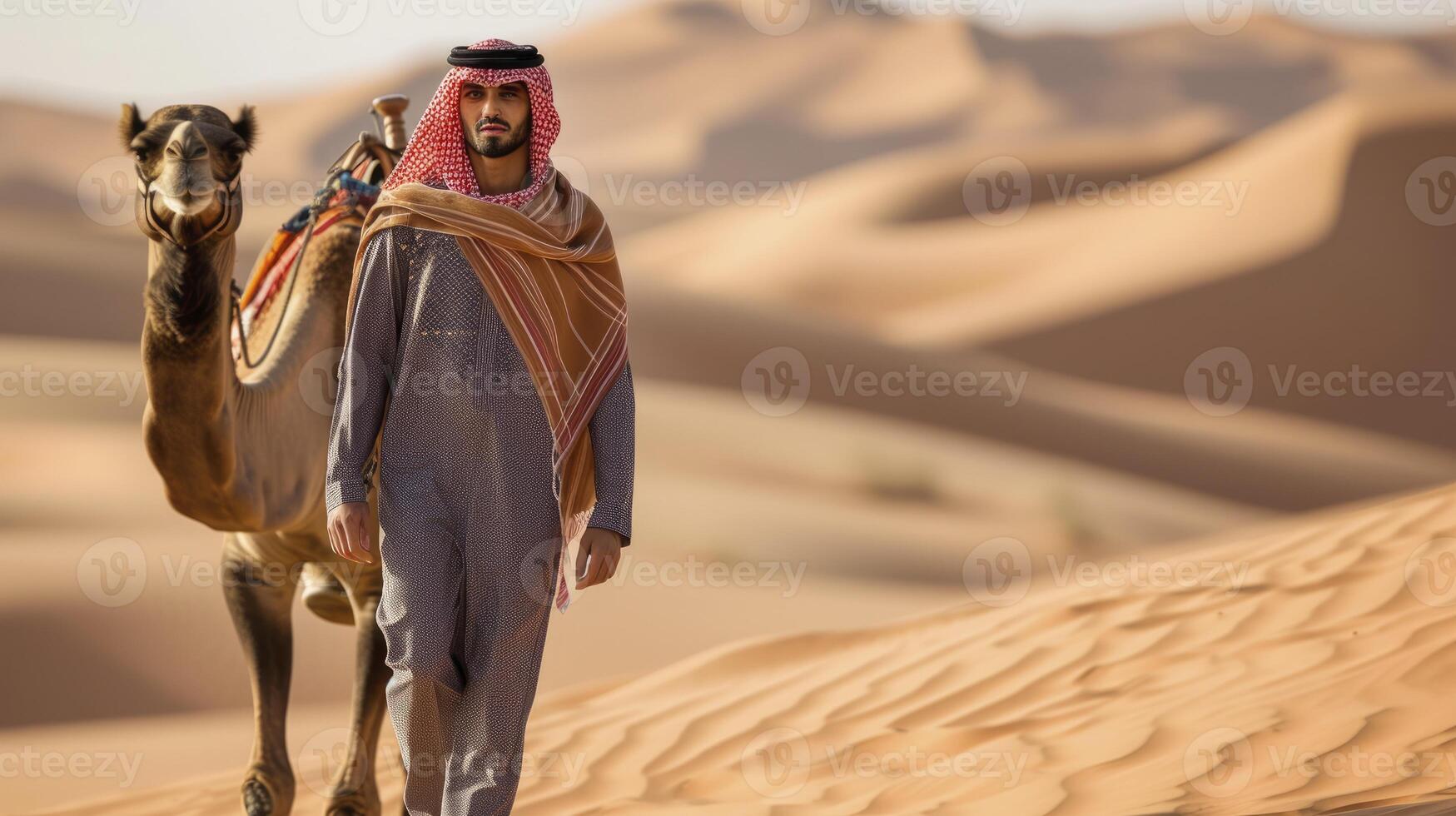 AI generated A young man from the Middle East, with a keffiyeh and a camel, is crossing a desert in Saudi Arabia photo