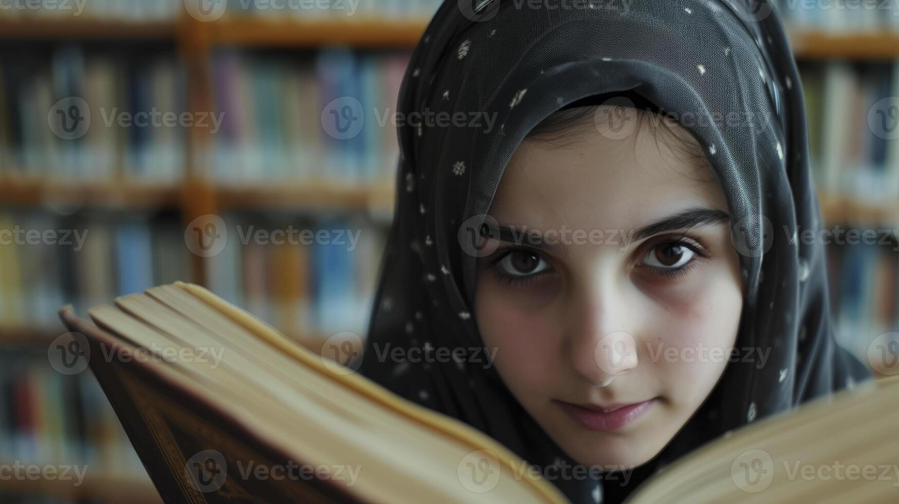 AI generated A young Middle Eastern girl with dark brown eyes and a hijab is studying in a library in Istanbul, photo