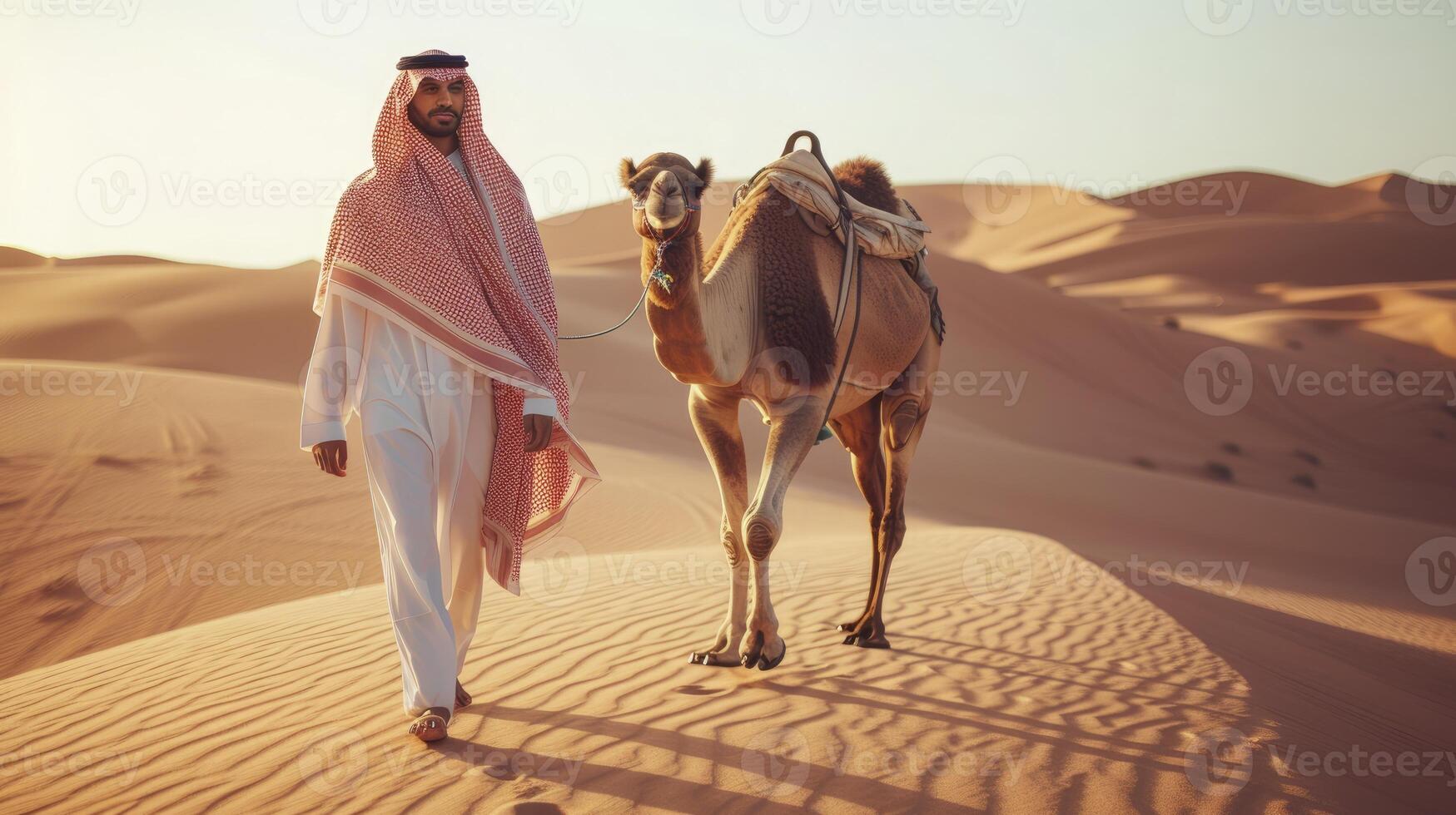 AI generated A young man from the Middle East, with a keffiyeh and a camel, is crossing a desert in Saudi Arabia photo