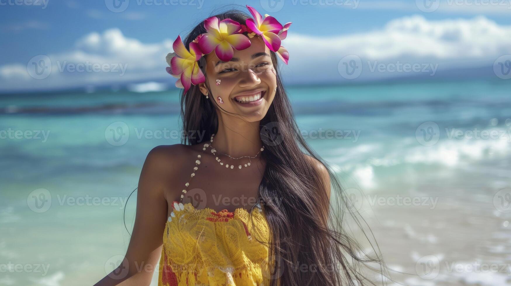 AI generated A young Polynesian woman, with long black hair and a flower in her hair, is dancing hula on a beach in Hawaii photo