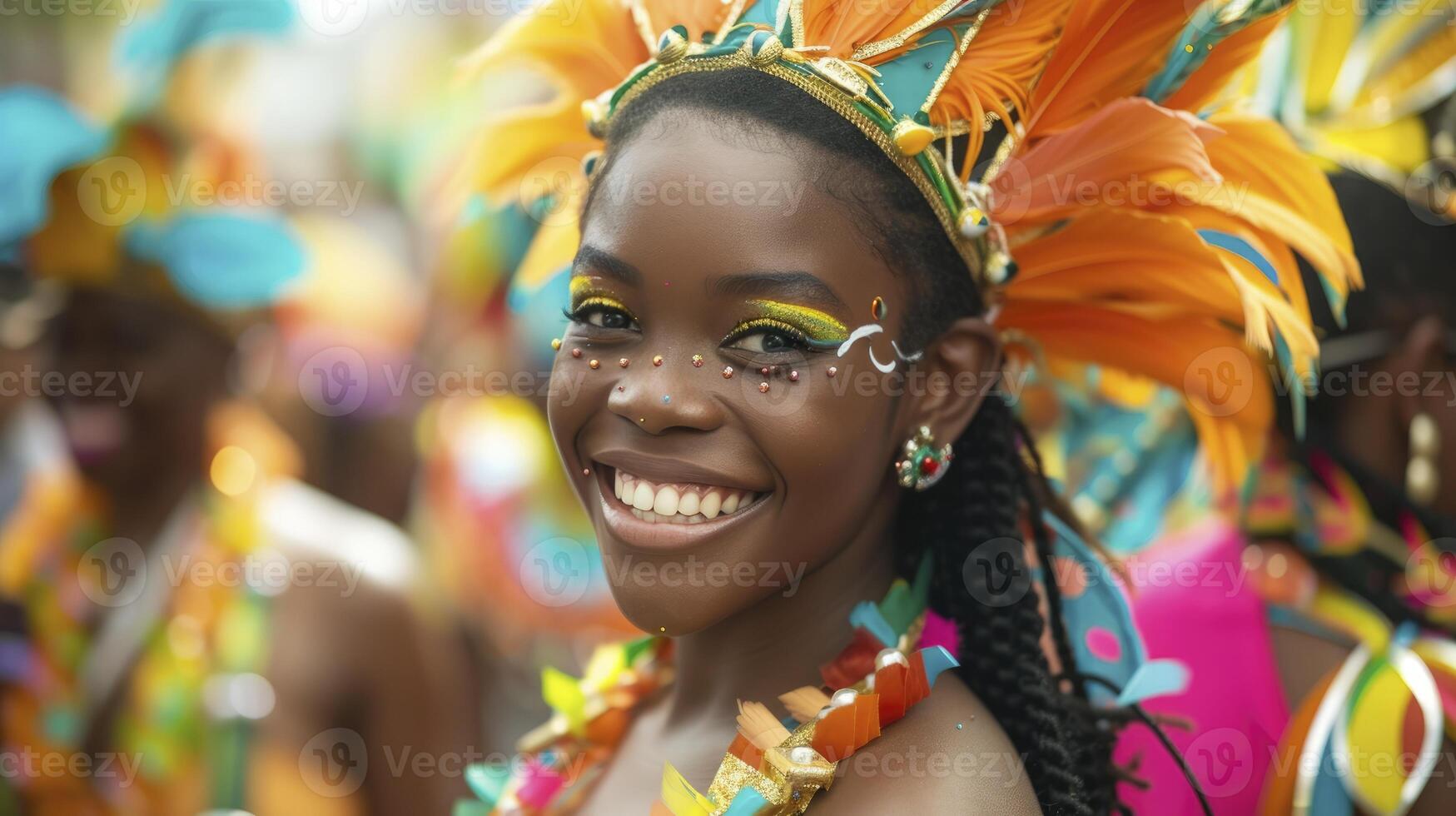 AI generated A young woman from the Caribbean, with a joyful expression and a carnival costume, is dancing in a parade in Port of Spain, Trinidad and Tobago photo