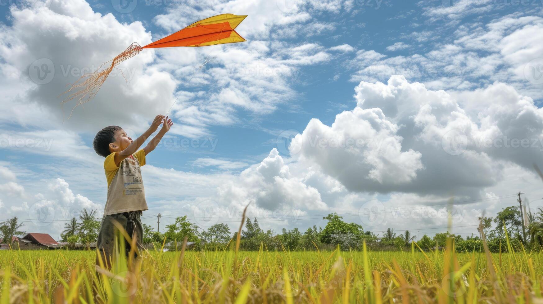 AI generated A young Southeast Asian boy is flying a handmade kite in a rice field in Vietnam photo