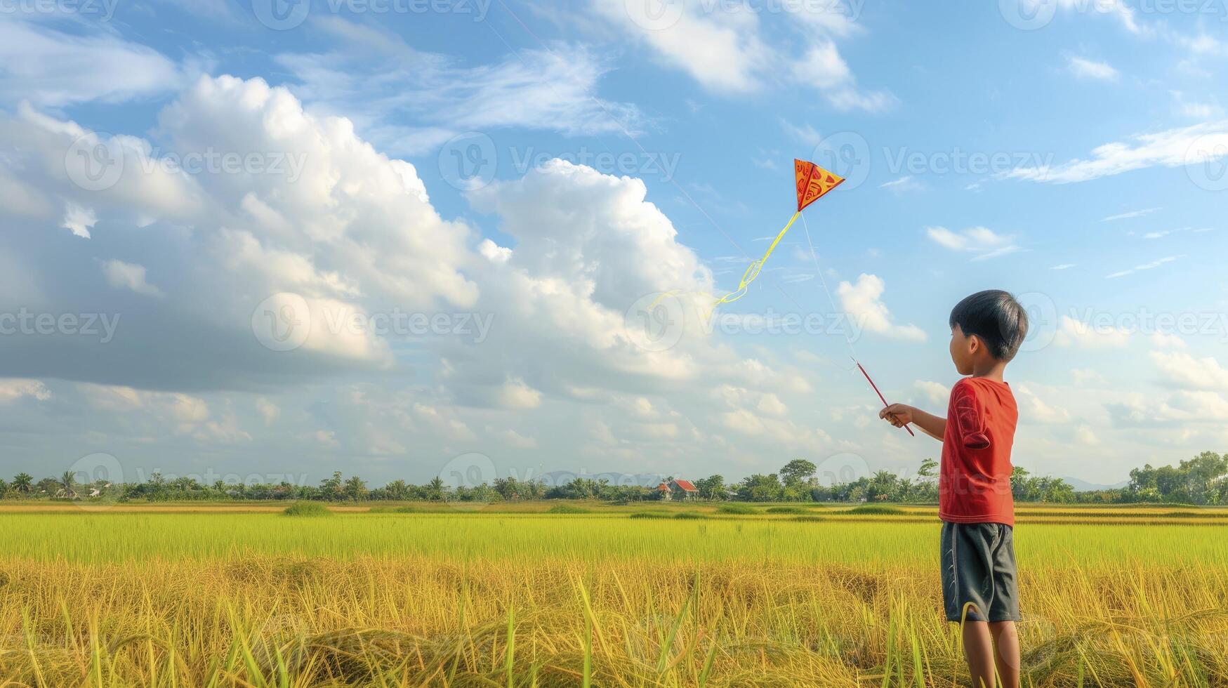 AI generated A young Southeast Asian boy is flying a handmade kite in a rice field in Vietnam photo