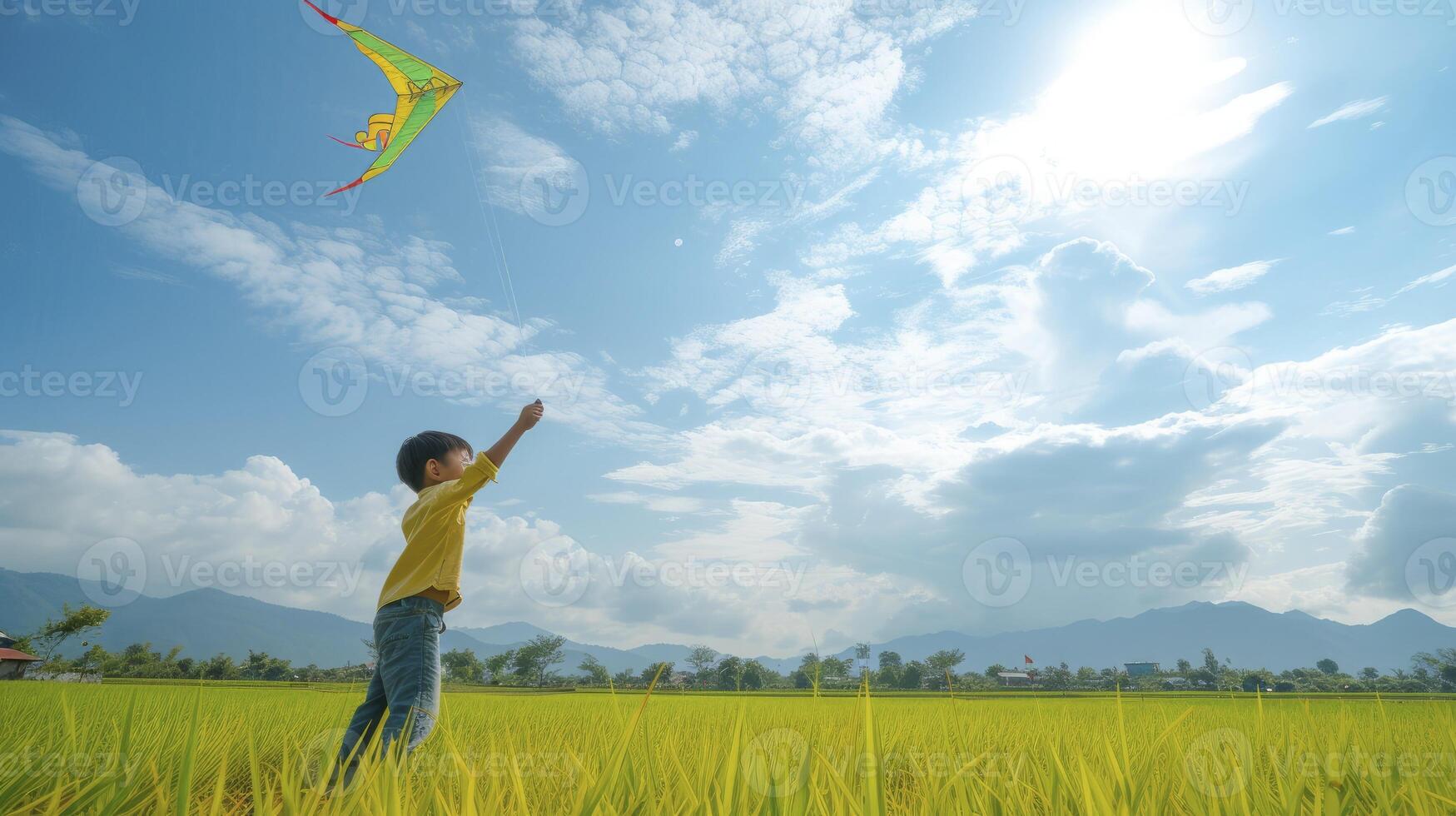 AI generated A young Southeast Asian boy is flying a handmade kite in a rice field in Vietnam photo