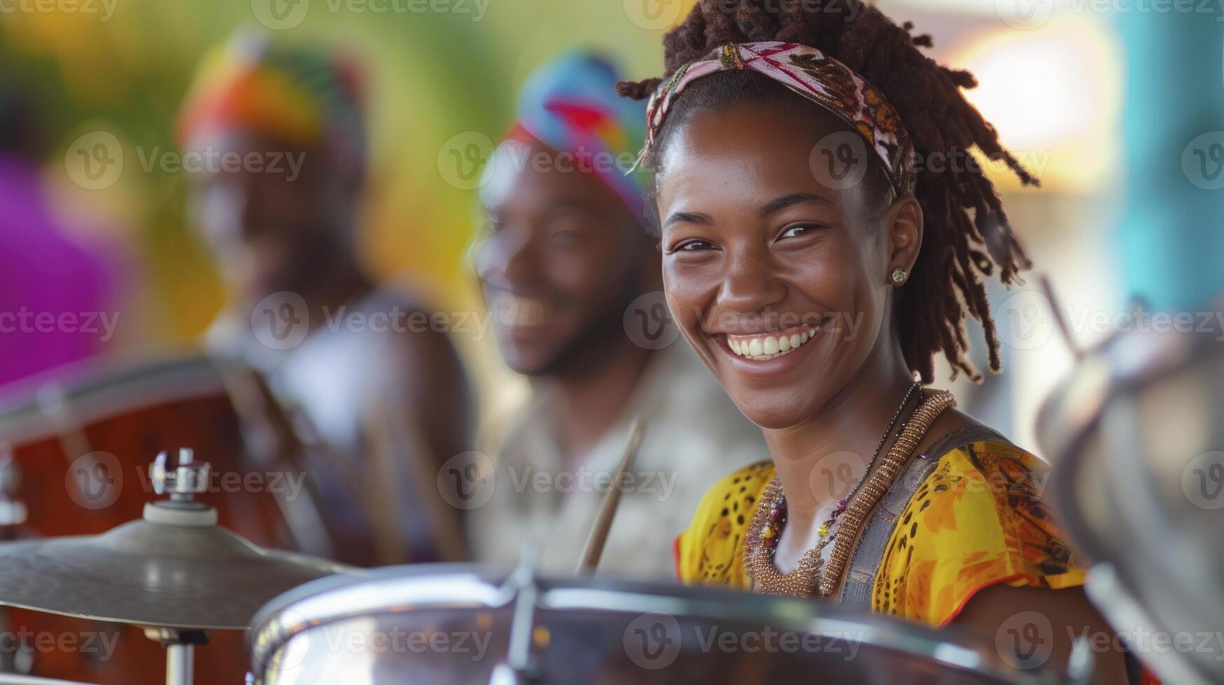 ai generado un joven mujer desde el caribe, con un alegre expresión y un sartén de acero, es jugando música en un banda en Puerto de España, trinidad y tobago foto