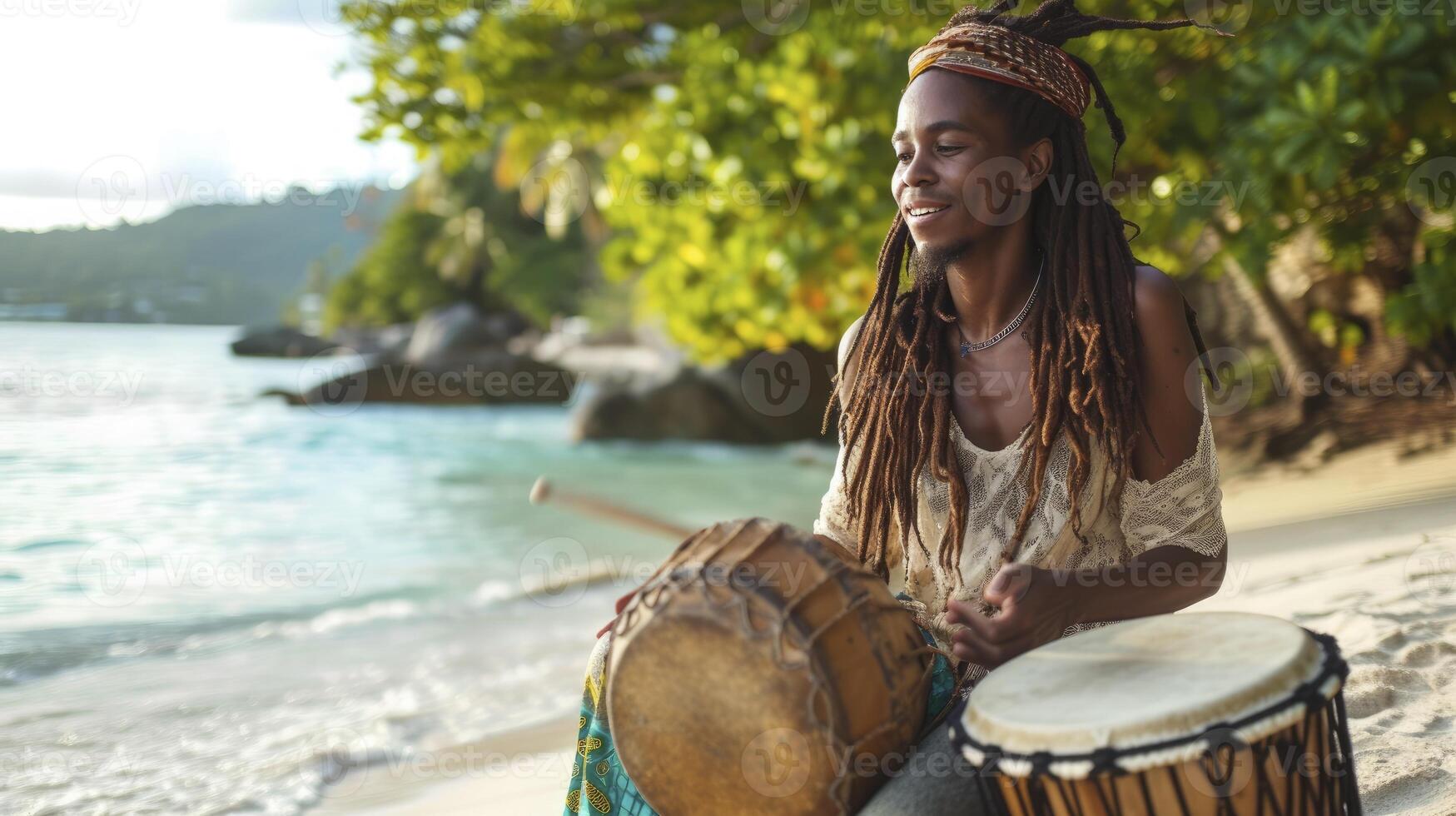 AI generated A young woman from the Caribbean, with dreadlocks and a drum, is playing music on a beach in Jamaica photo