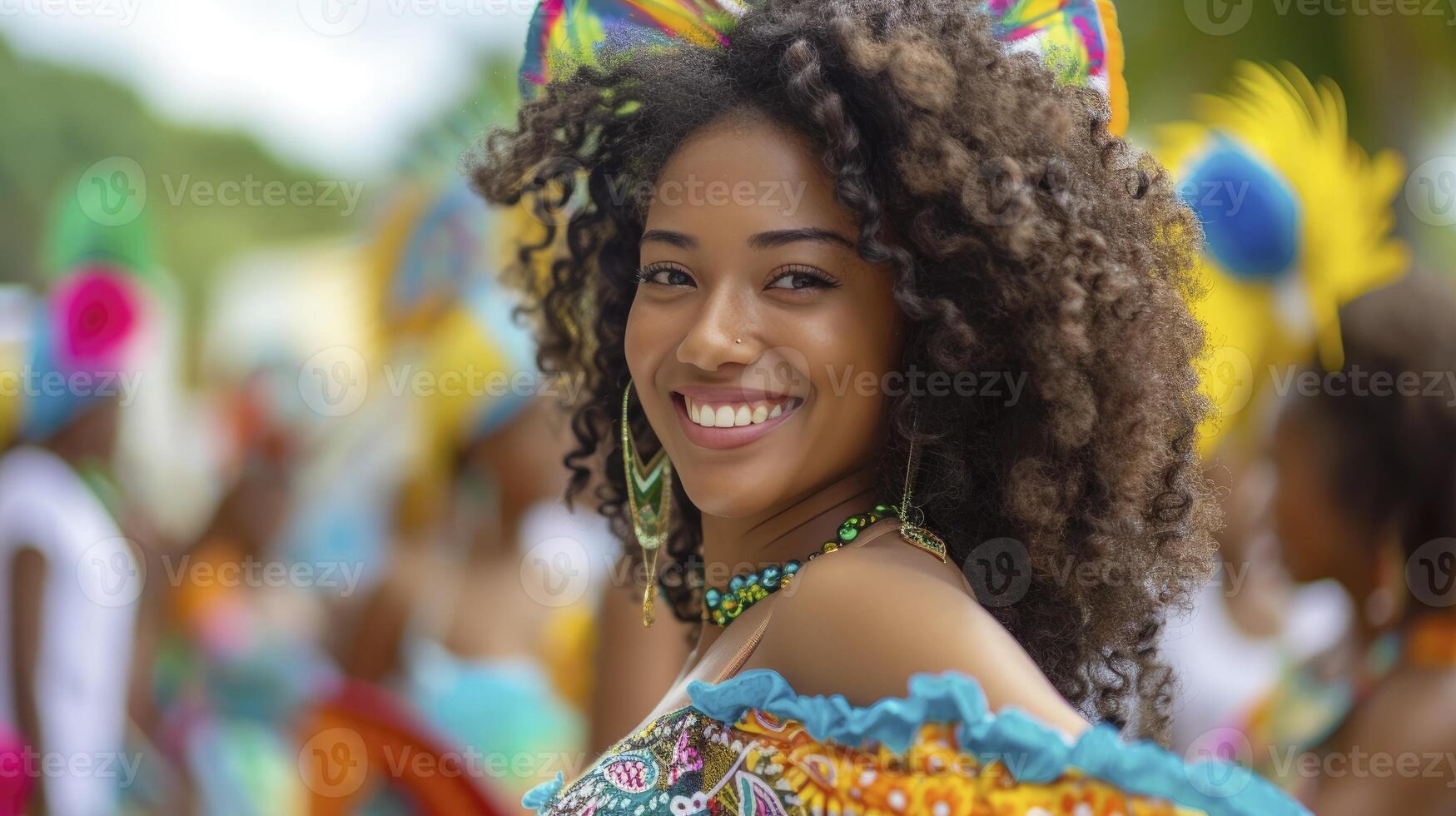 AI generated A young woman from the Caribbean, with curly hair and a colorful dress, is dancing at a carnival in Trinidad photo