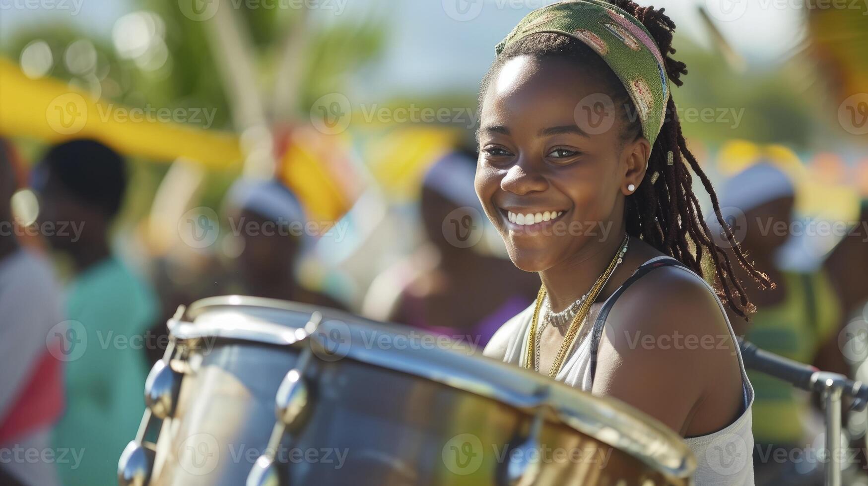 ai generado un joven mujer desde el caribe, con un alegre expresión y un sartén de acero, es jugando música en un banda en Puerto de España, trinidad y tobago foto