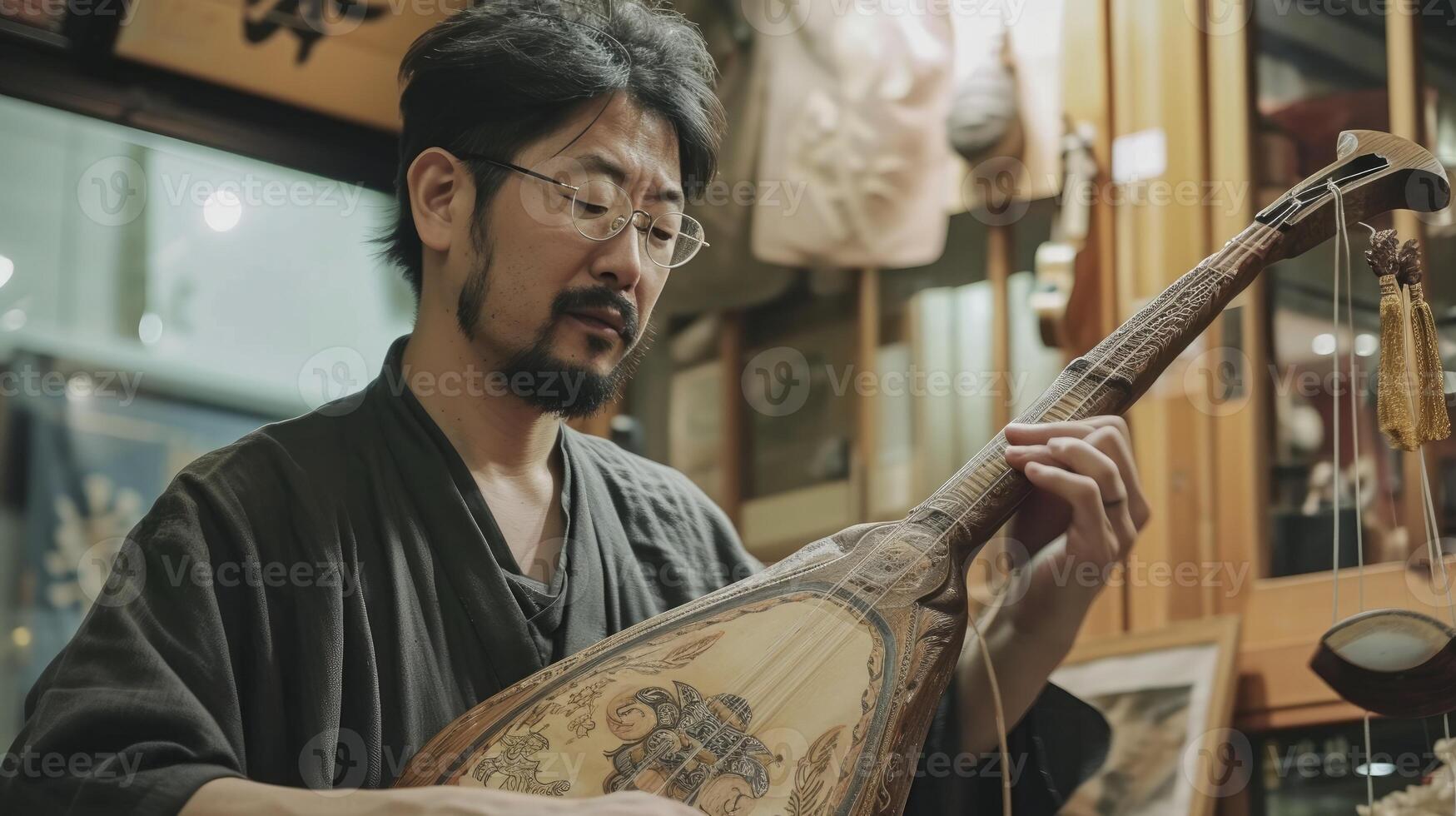 AI generated An East Asian man in his 30s, with glasses and a beard, is playing a shamisen in a music store in Tokyo photo