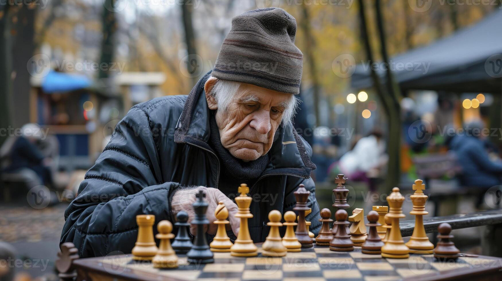 AI generated An elderly European man is playing chess in a park in Berlin photo