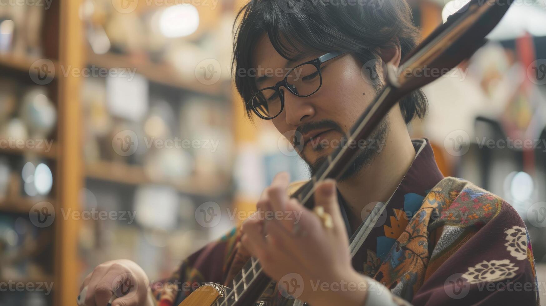 ai generado un este asiático hombre en su 30, con lentes y un barba, es jugando un shamisen en un música Tienda en tokio foto