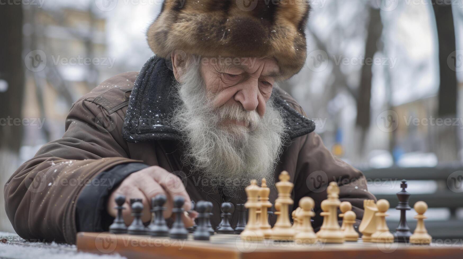 AI generated An elderly man from Eastern Europe, with a thick beard and a fur hat, is playing a game of chess in a park in Moscow photo